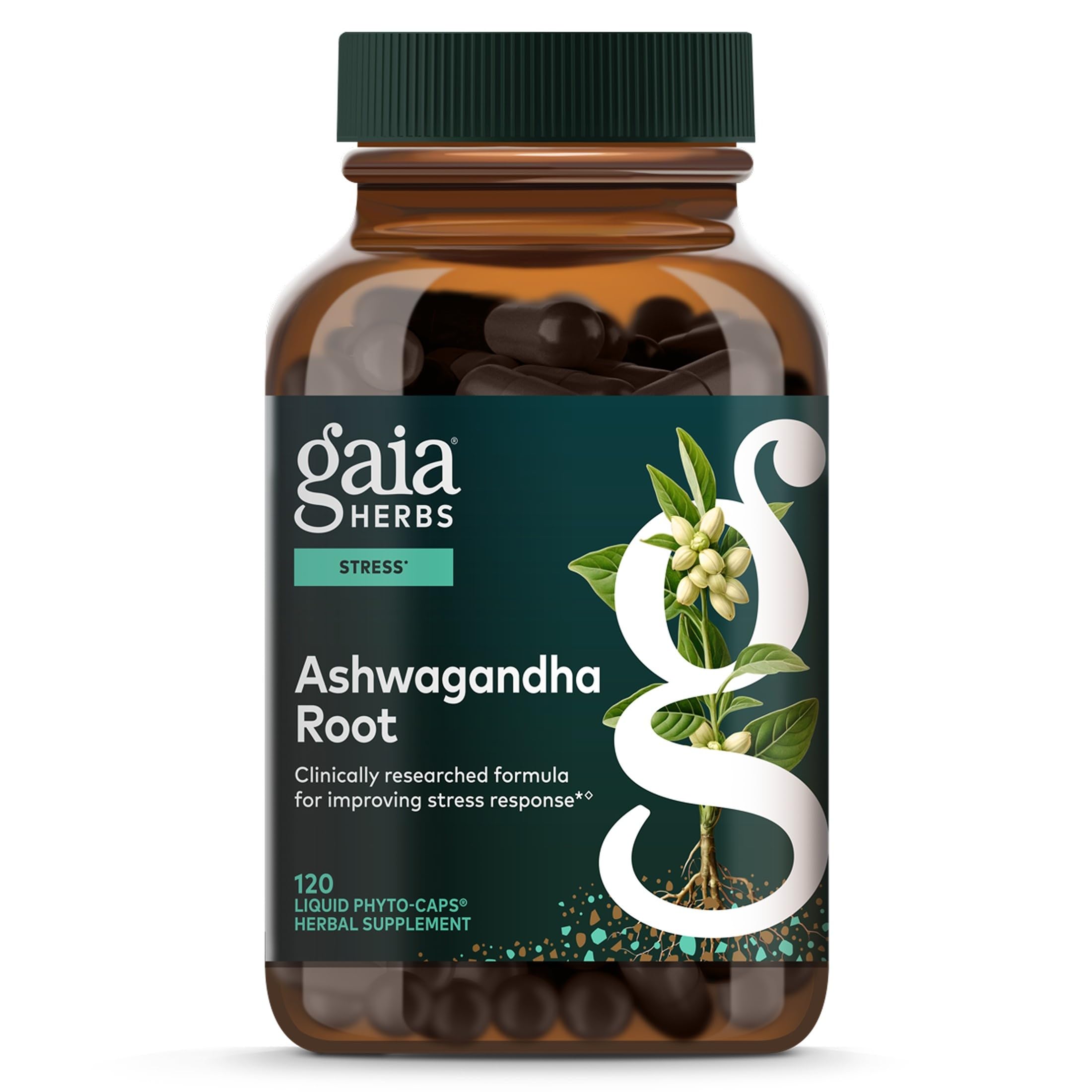 Gaia Herbs frasco frontal mostrando el envase y beneficio de energía equilibrada