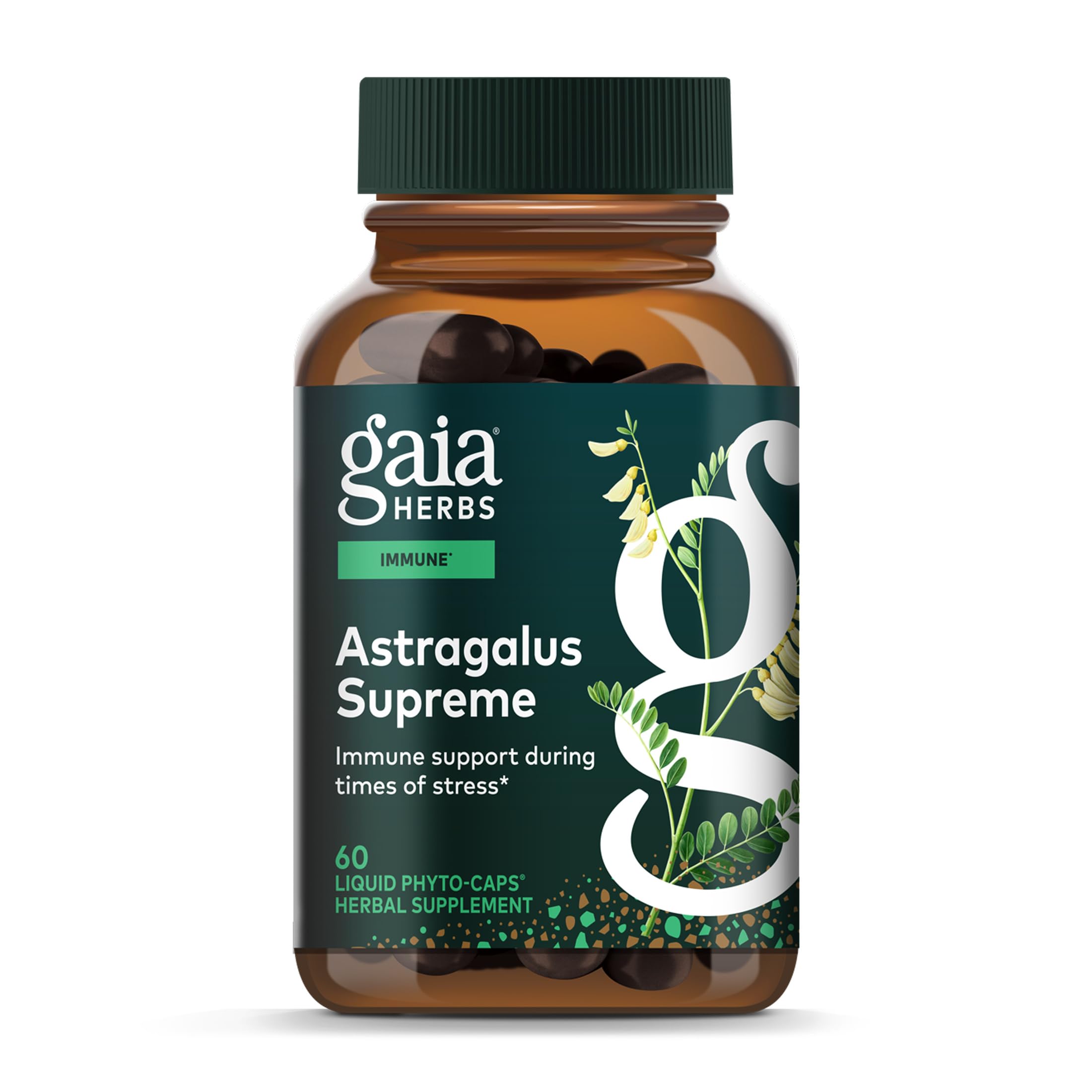 Gaia Herbs empaque frontal mostrando cápsulas y beneficios