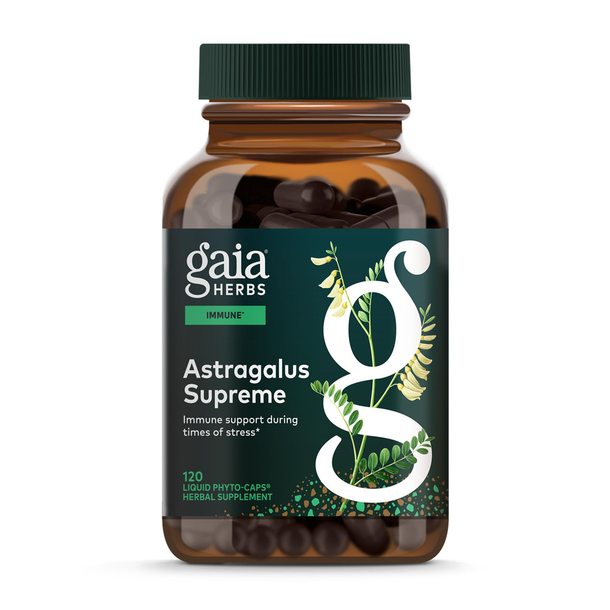 Gaia Herbs frasco delantero mostrando diseño y claridad de origen