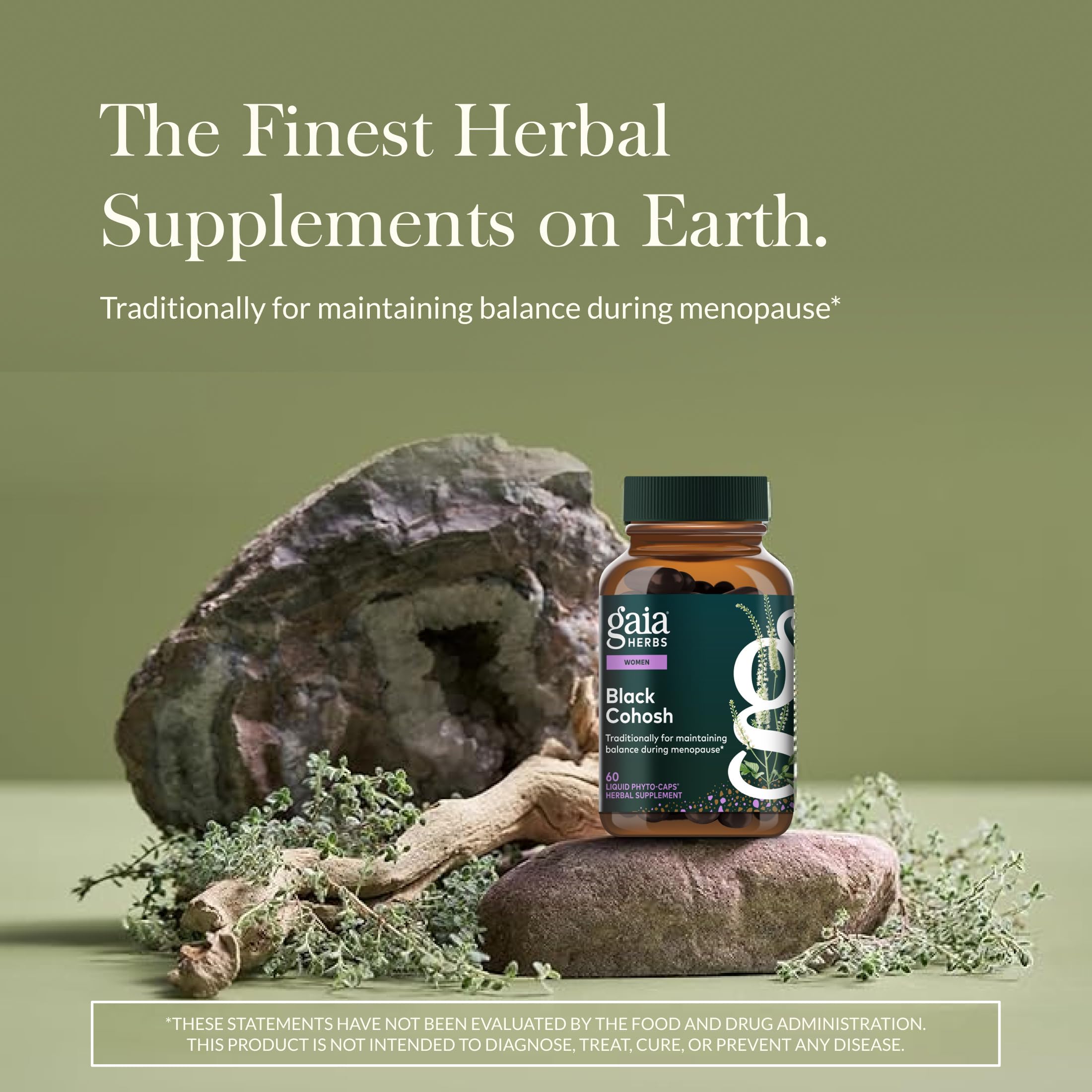 Gaia Herbs cápsulas veganas en primer plano, fácil ingestión y pureza