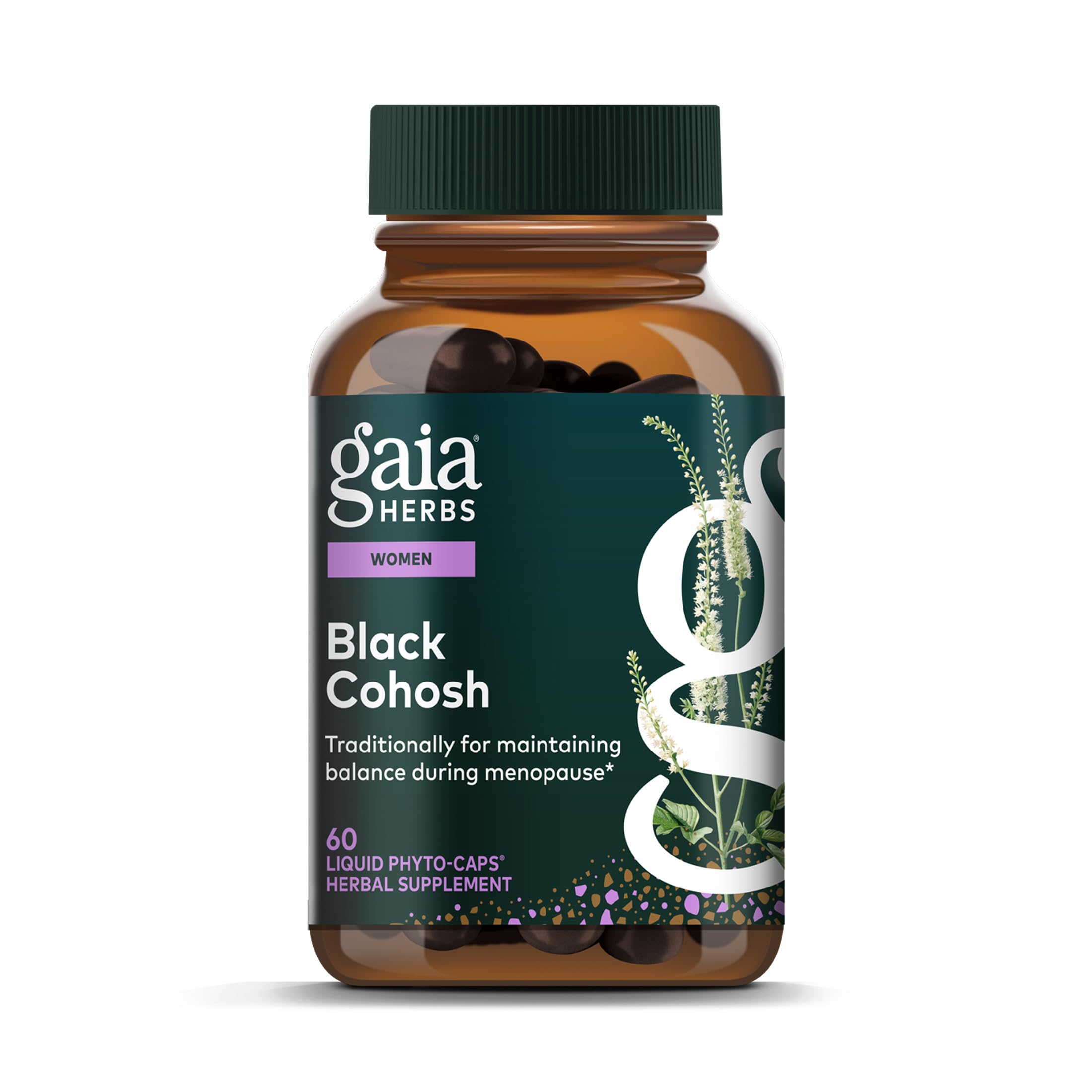 Gaia Herbs frasco frontal mostrando diseño y beneficios del producto