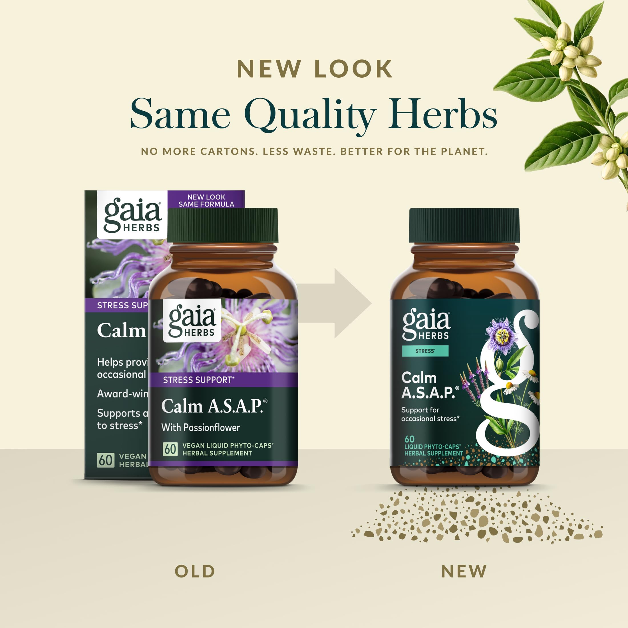Gaia Herbs botella junto a hojas, enfatiza origen vegetal y pureza