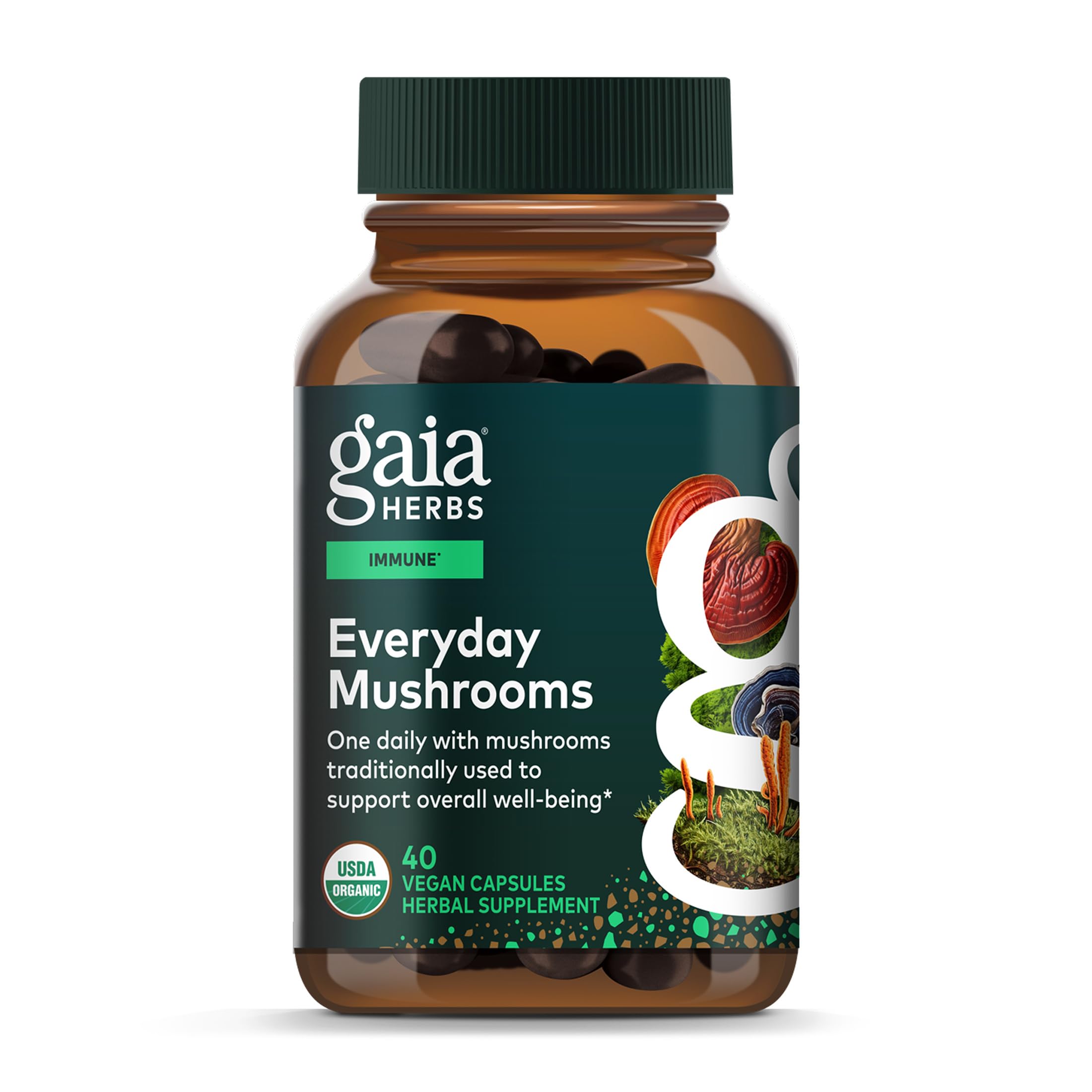 Gaia Herbs frasco frontal mostrando diseño y beneficios claros