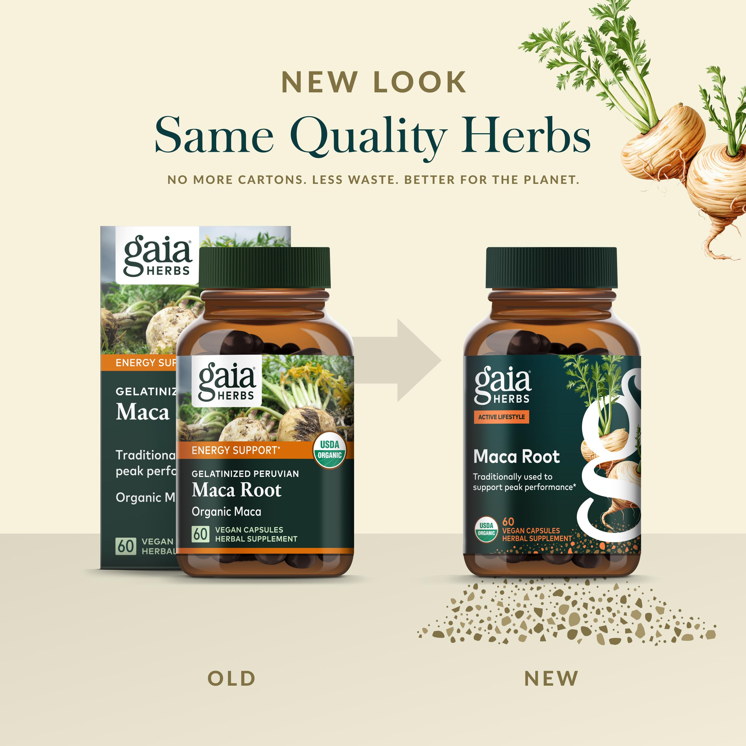 Gaia Herbs cápsula abierta con polvo de maca para ver contenido natural