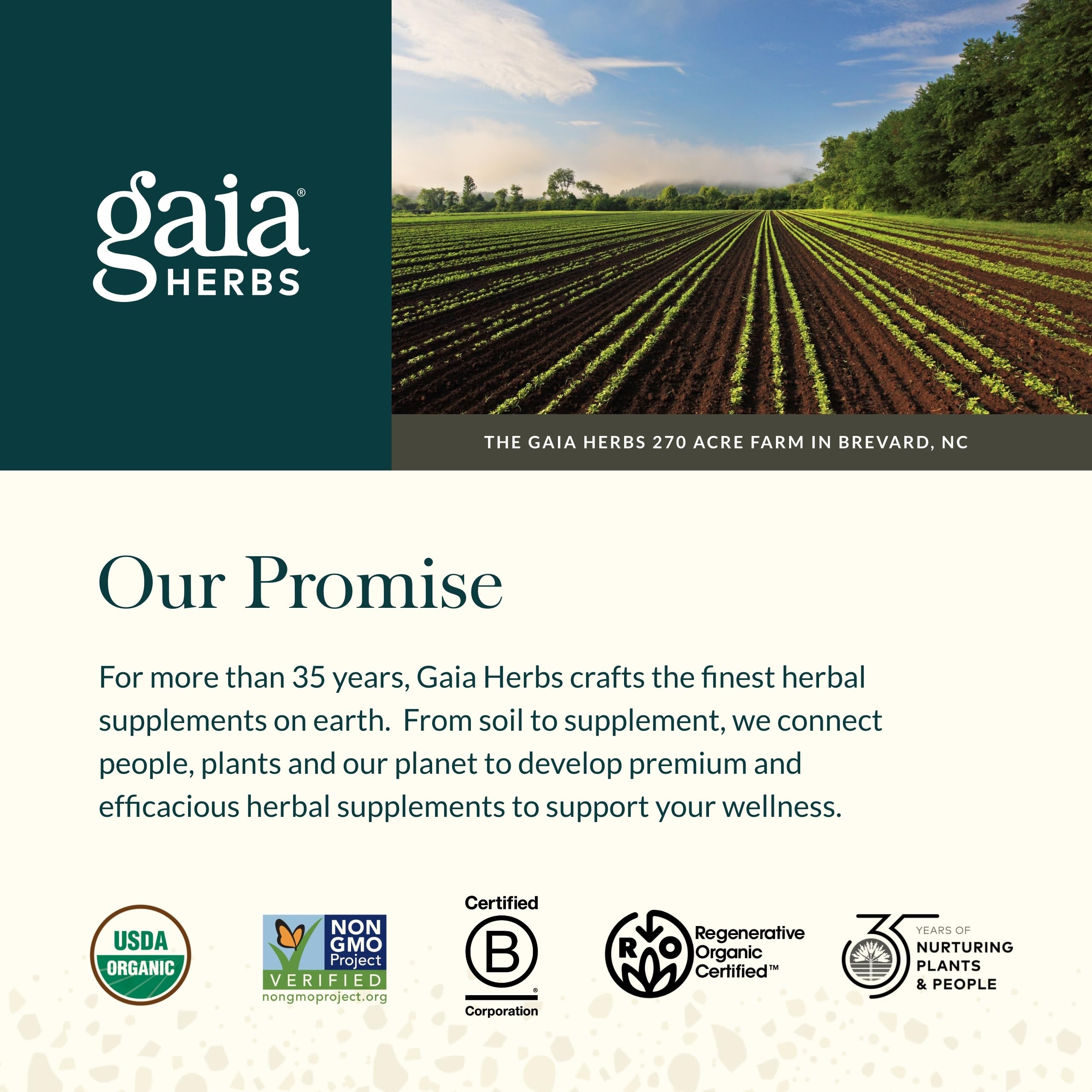 Gaia Herbs envase abierto mostrando lista de ingredientes clara