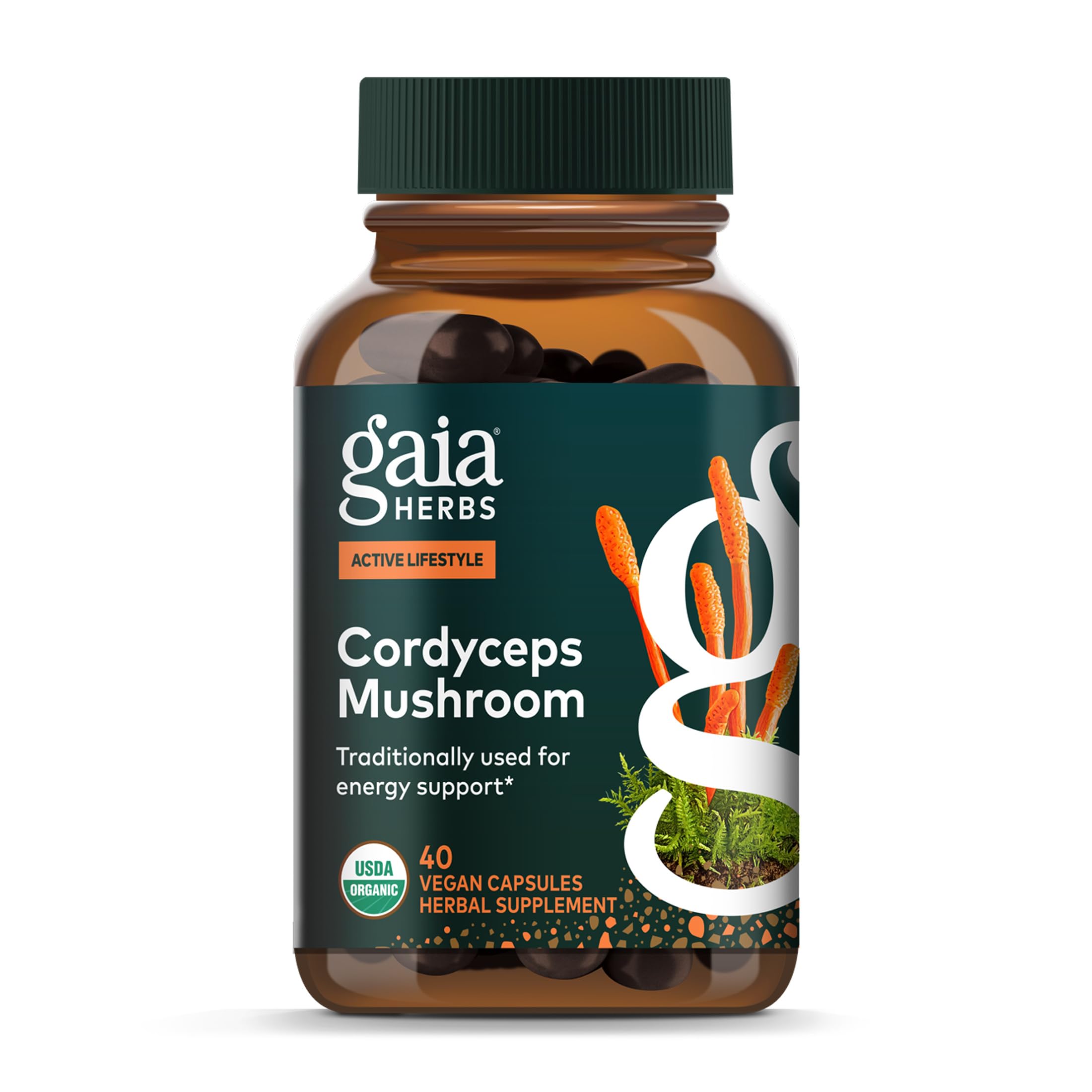 Gaia Herbs frasco frontal mostrando cápsulas y marca para confianza