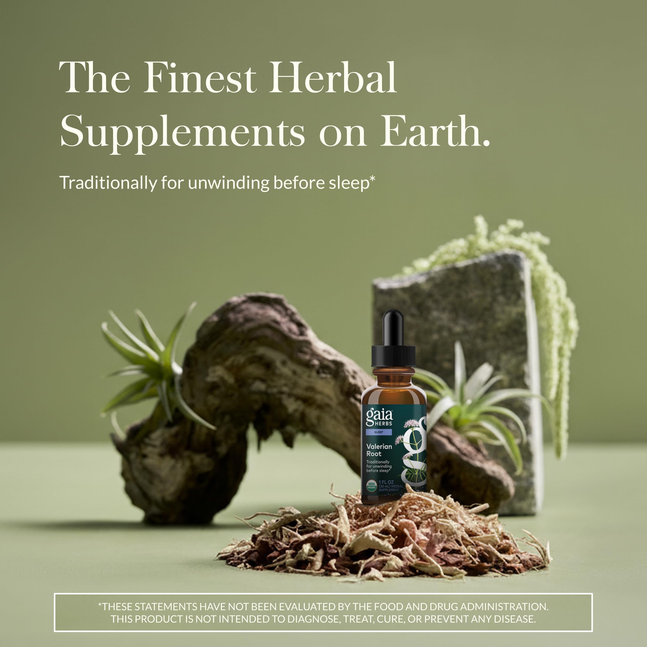 Gaia Herbs primer plano de etiqueta con ingredientes y certificaciones visibles