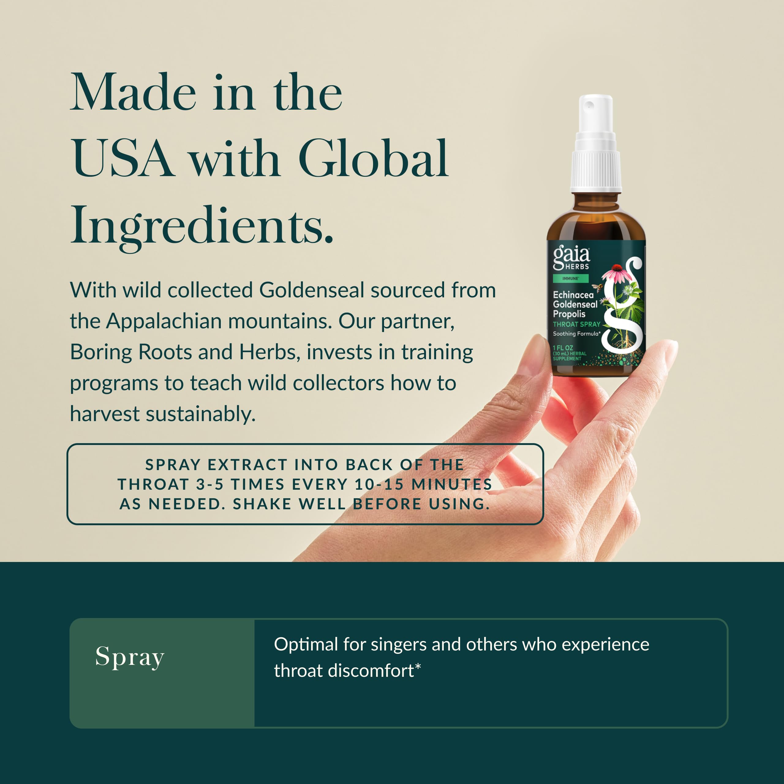 Persona usando Gaia Herbs spray en garganta para alivio localizado inmediato