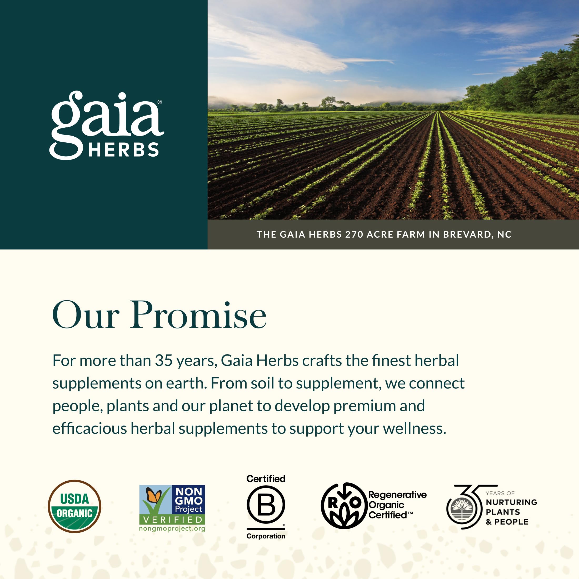 Gaia Herbs frasco abierto sobre mesa junto a un vaso de agua