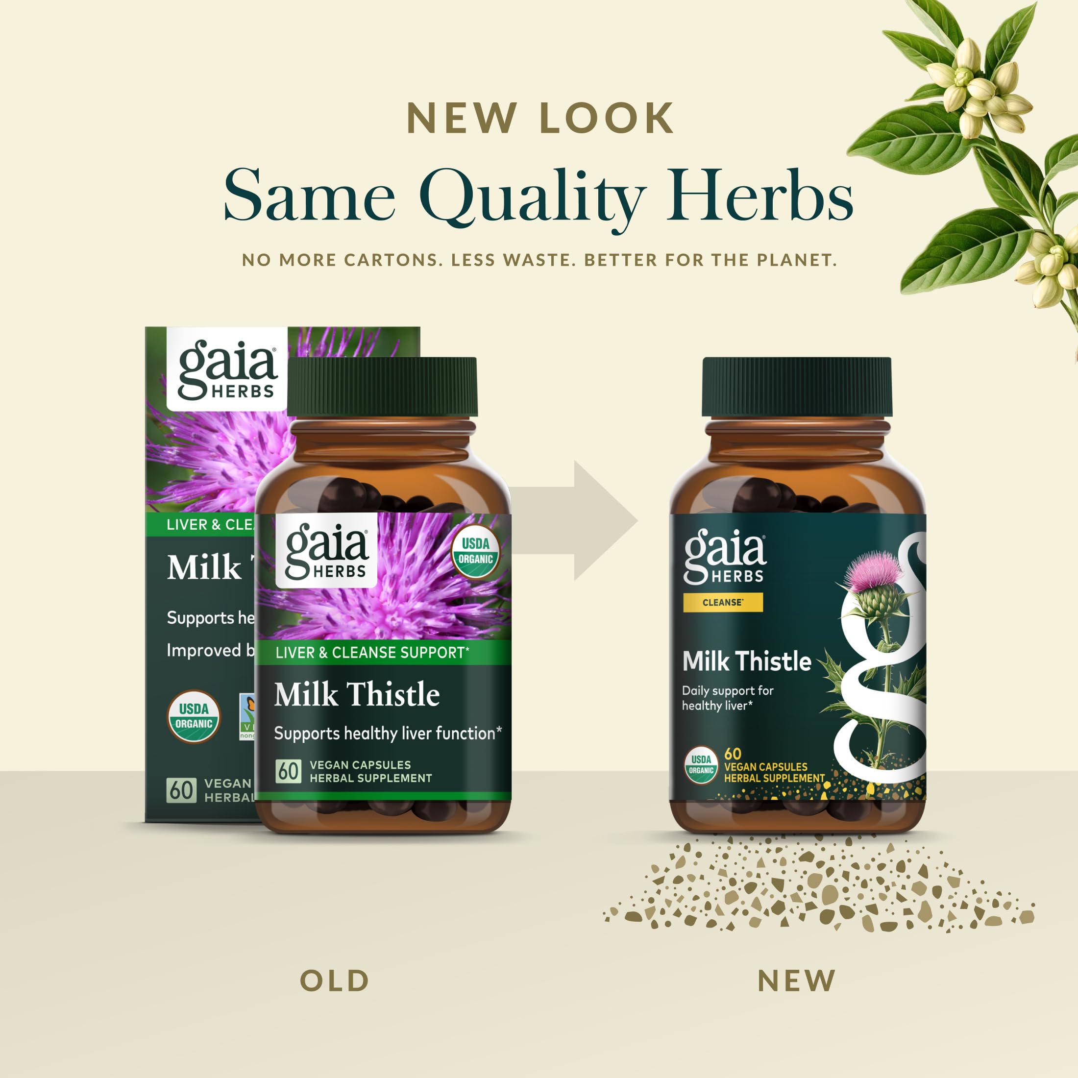Gaia Herbs envase abierto con cápsulas listas para uso diario