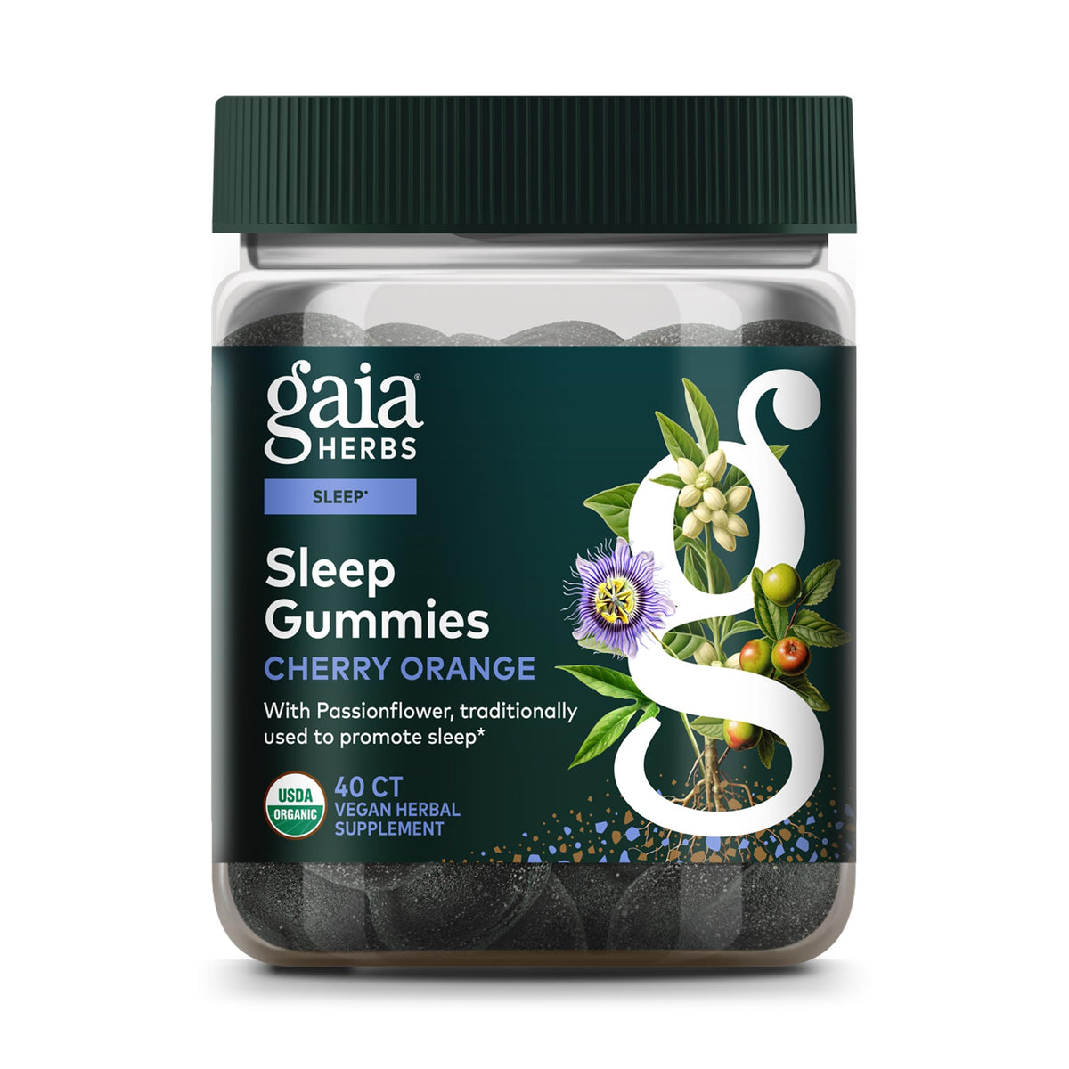 Gaia Herbs envase frontal mostrando gominolas veganas y beneficios