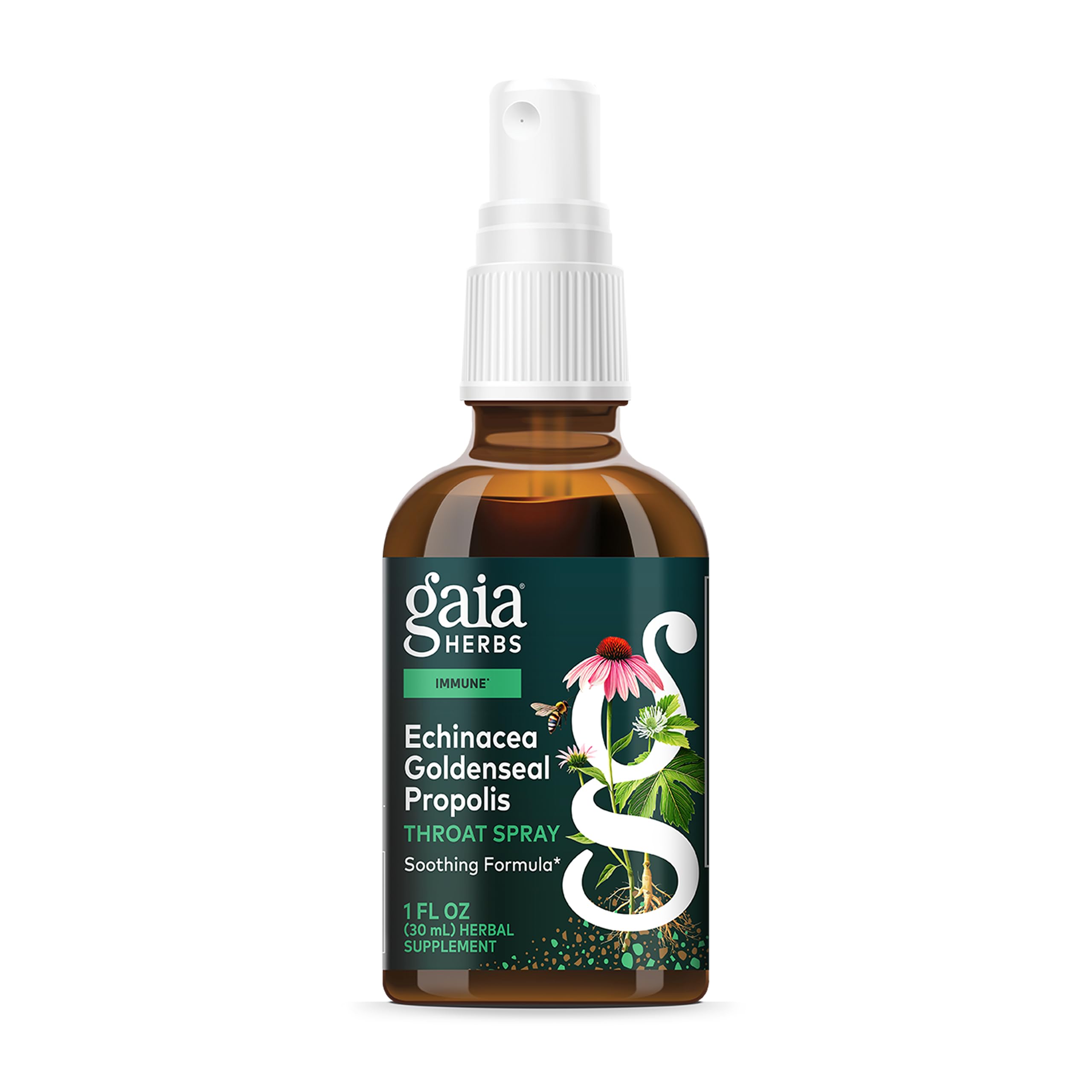 Gaia Herbs envase frontal mostrando el spray y beneficio de aplicarlo fácilmente