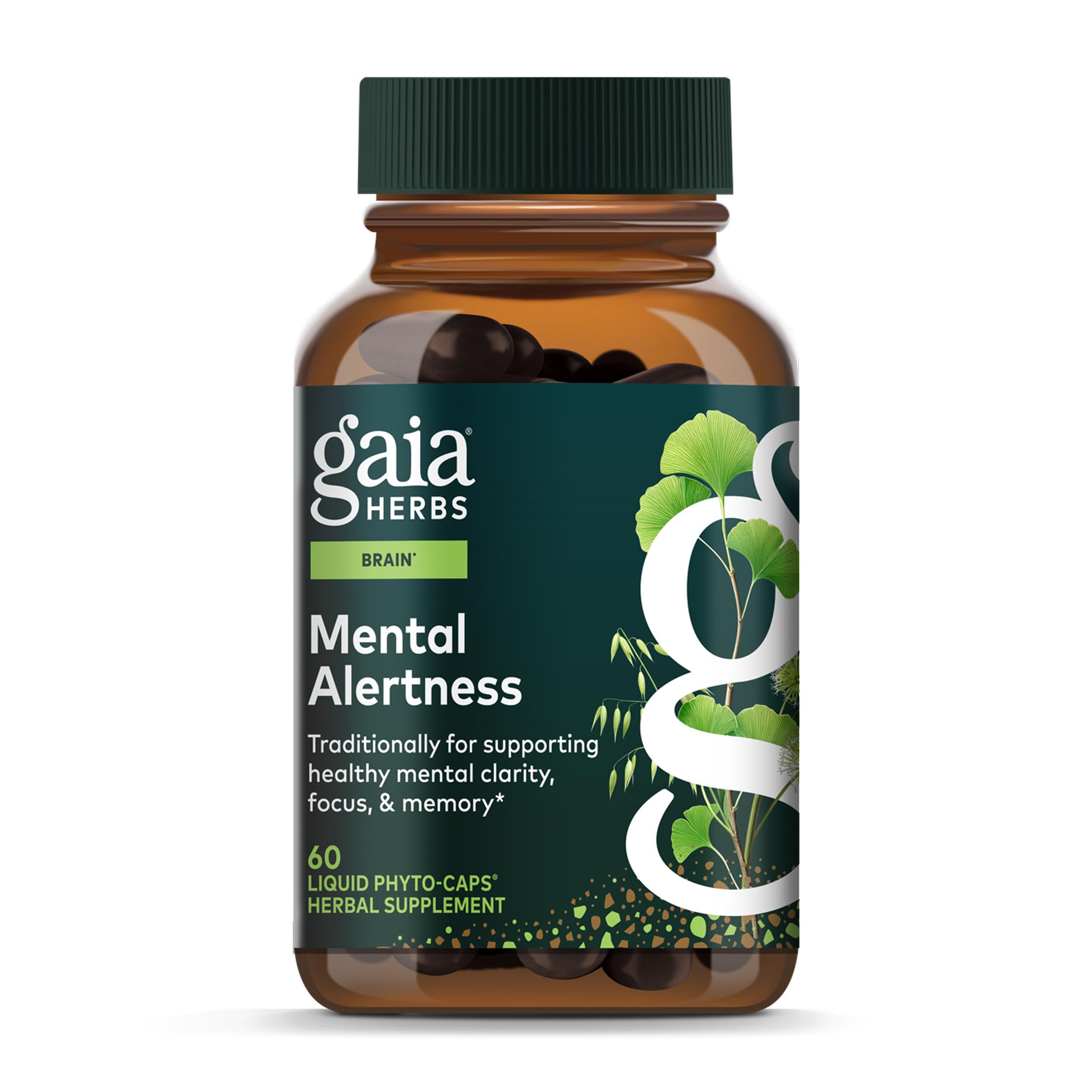 Gaia Herbs envase frontal mostrando cápsulas veganas y beneficios de enfoque