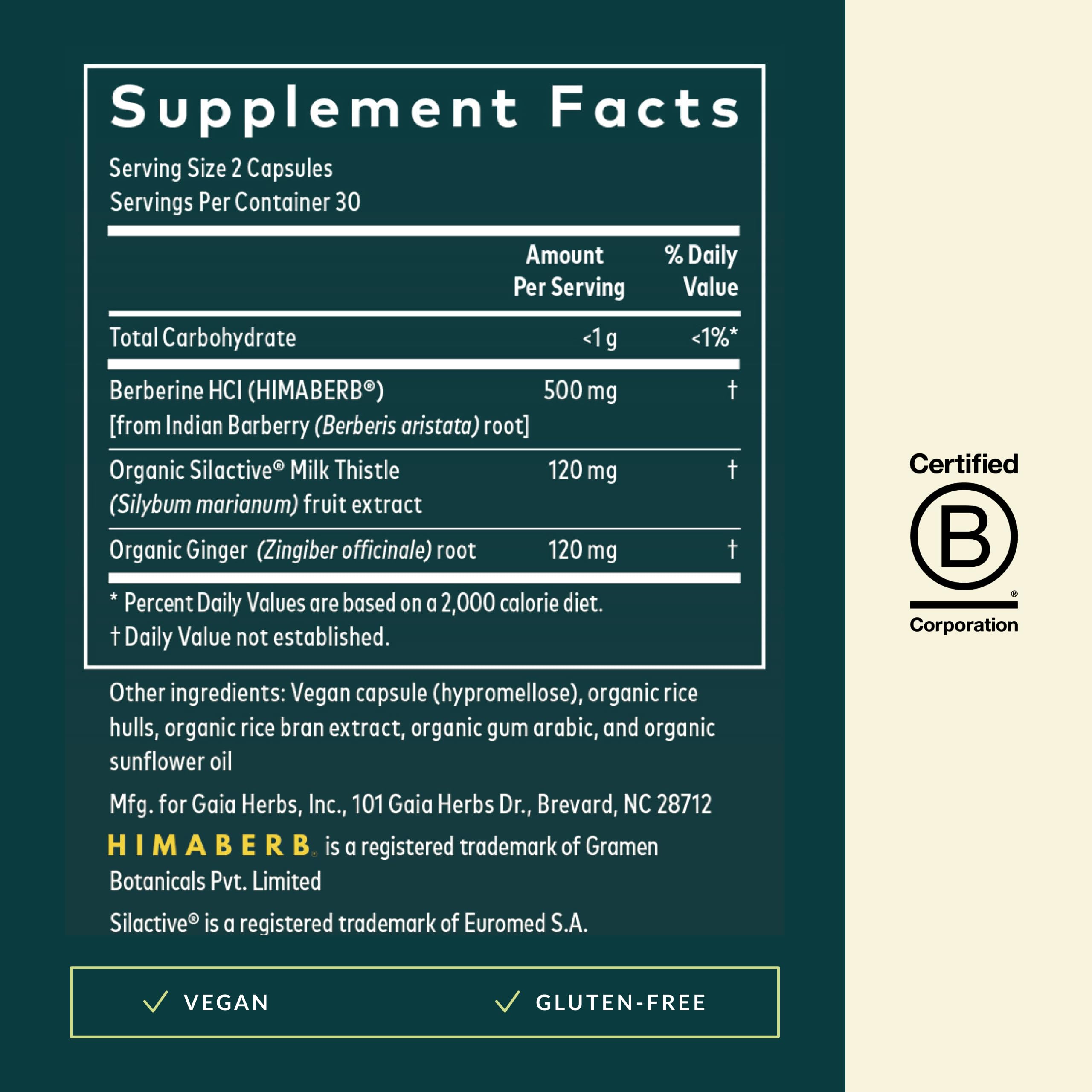 Gaia Herbs etiqueta con ingredientes claros y transparencia de fórmula
