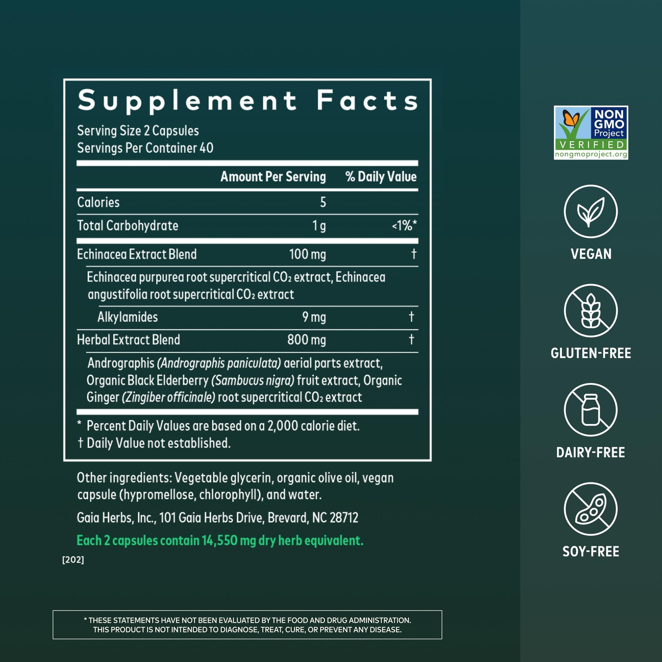 Gaia Herbs etiqueta con lista de ingredientes y beneficios claros