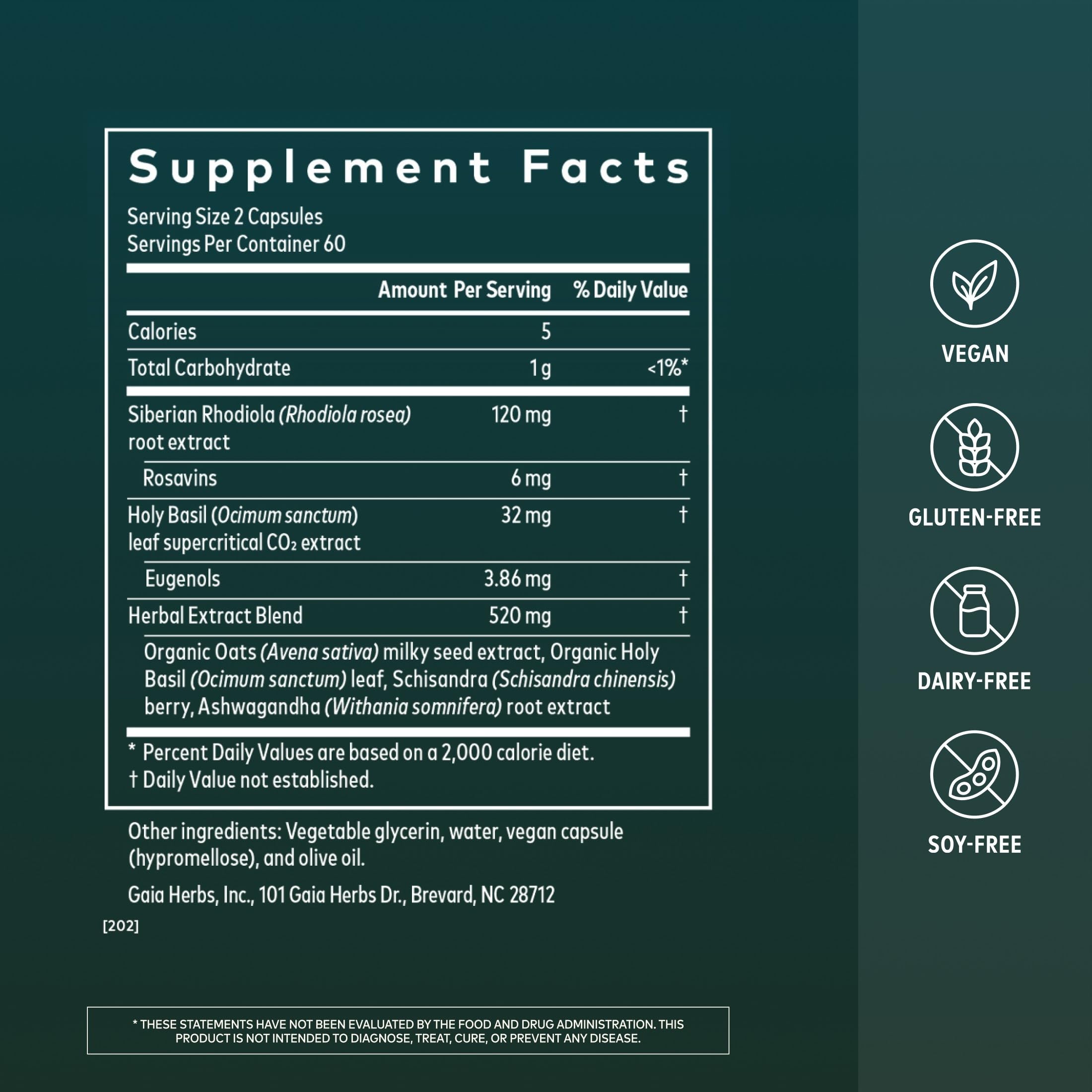 Gaia Herbs primer plano de la etiqueta con información de ingredientes y pureza