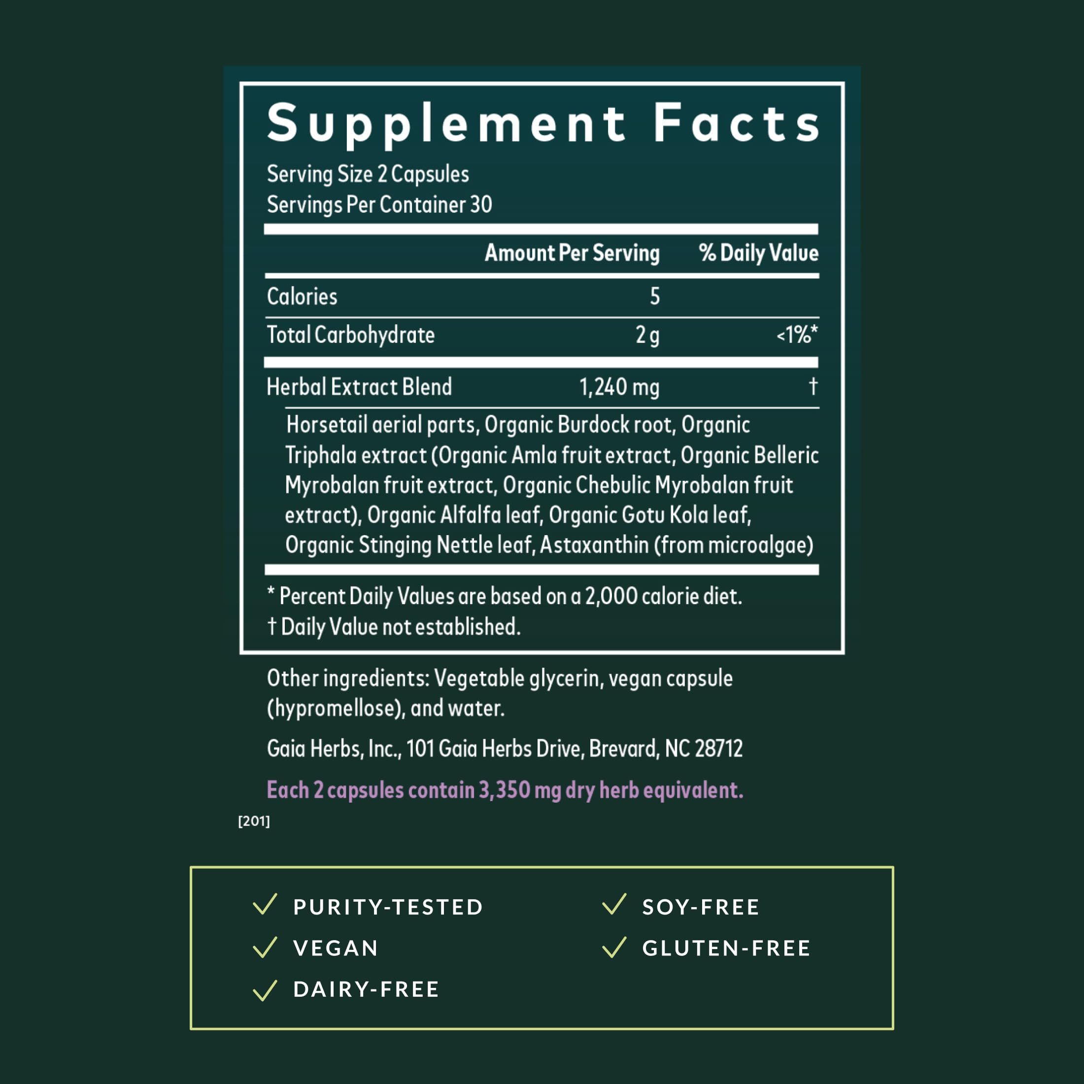 Gaia Herbs etiqueta en detalle con lista de ingredientes y confianza de calidad