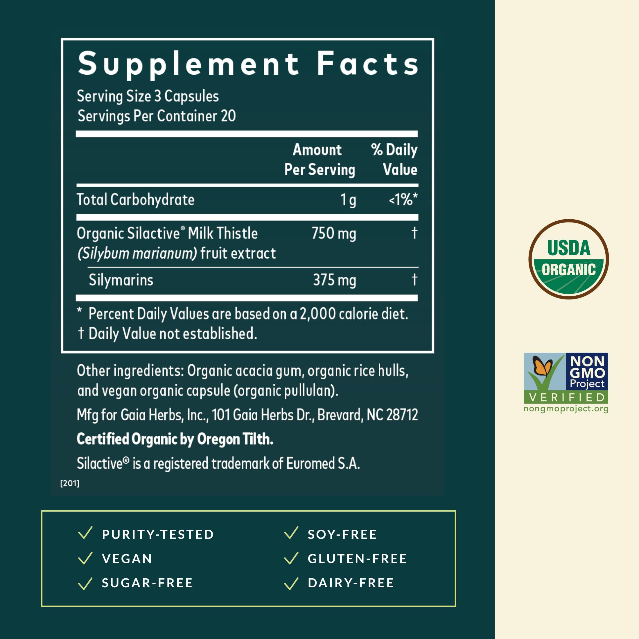 Gaia Herbs etiqueta con información nutricional y extracción avanzada