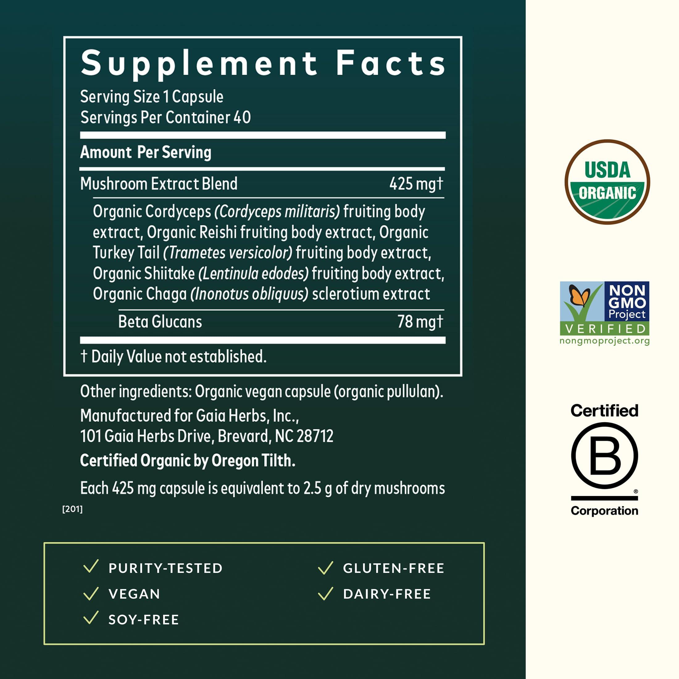 Gaia Herbs etiqueta nutricional con información de ingredientes