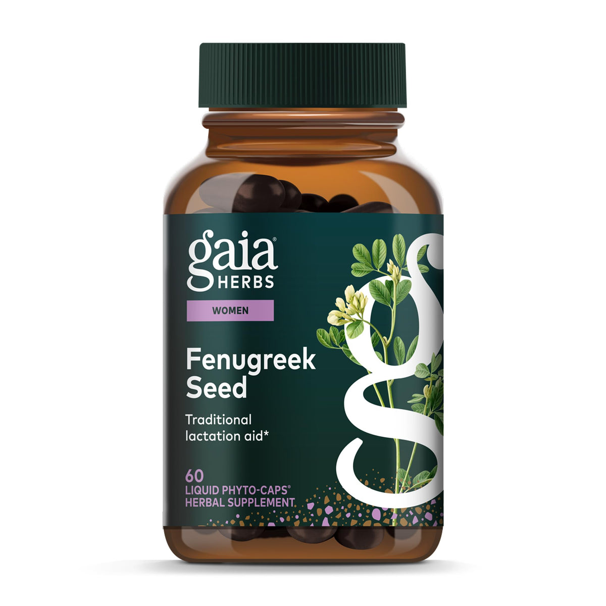 Gaia Herbs envase frontal mostrando fenogreco, beneficio apoyo a la lactancia