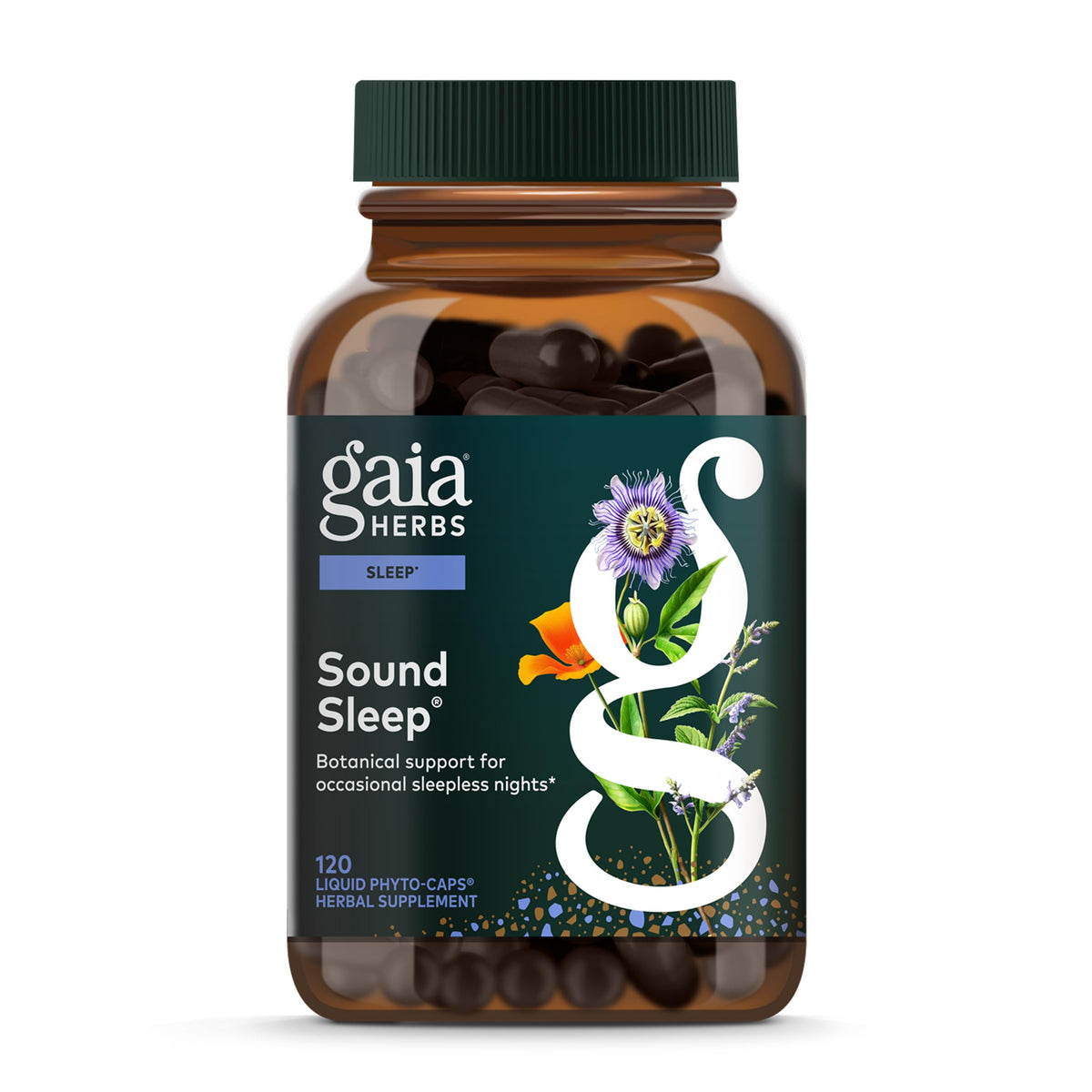 Gaia Herbs frasco de Sound Sleep mostrando el envase y beneficio de relajación