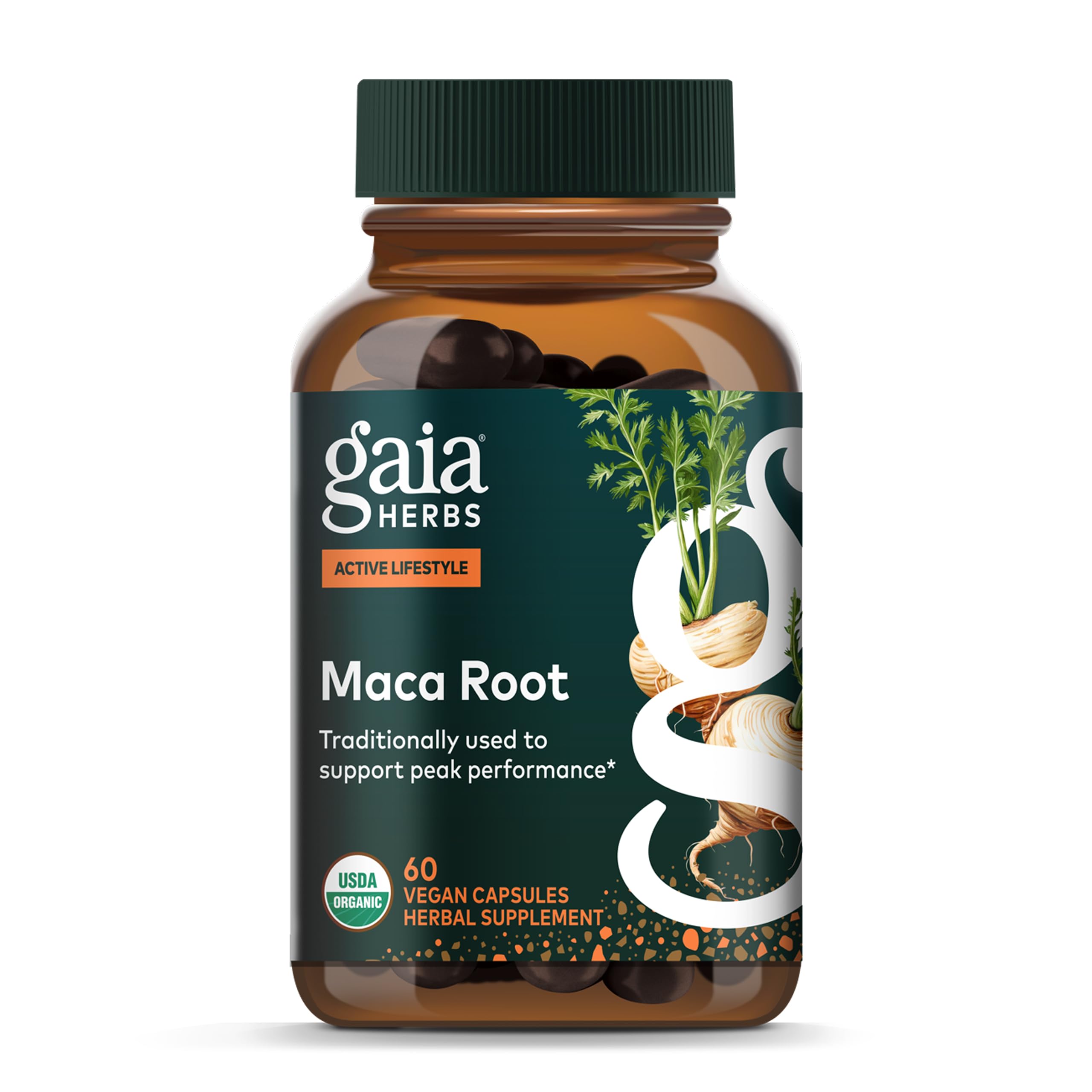 Gaia Herbs frasco delantero de Maca Root mostrando etiqueta y beneficios