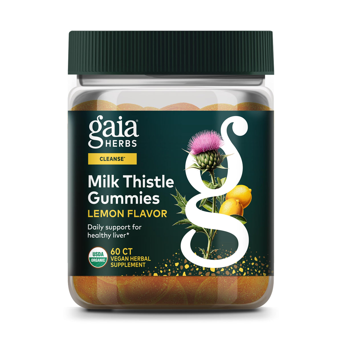 Gaia Herbs frasco delantero mostrando la marca y contenido, confianza y calidad