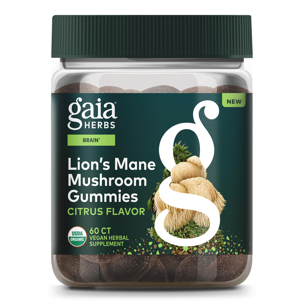 Gaia Herbs frasco al frente mostrando gomas veganas y ventaja de conveniencia