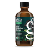 Gaia Herbs frasco frontal de jarabe de saúco negro mostrando etiqueta orgánica y tamaño