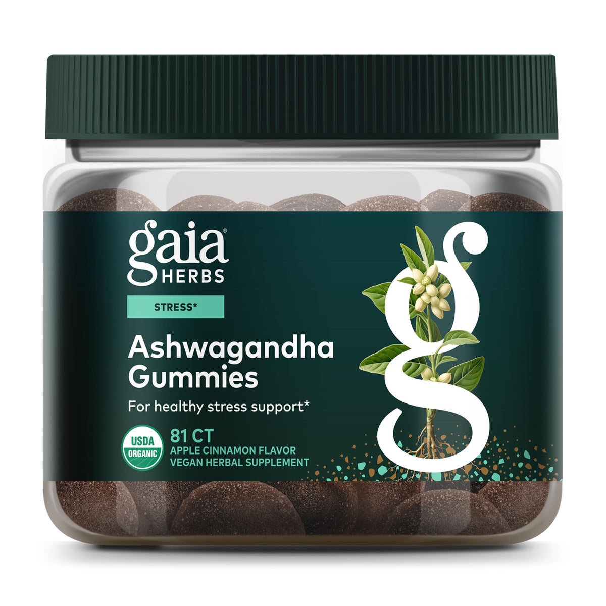 Gaia Herbs frasco frontal mostrando etiqueta y beneficio soporte al estrés