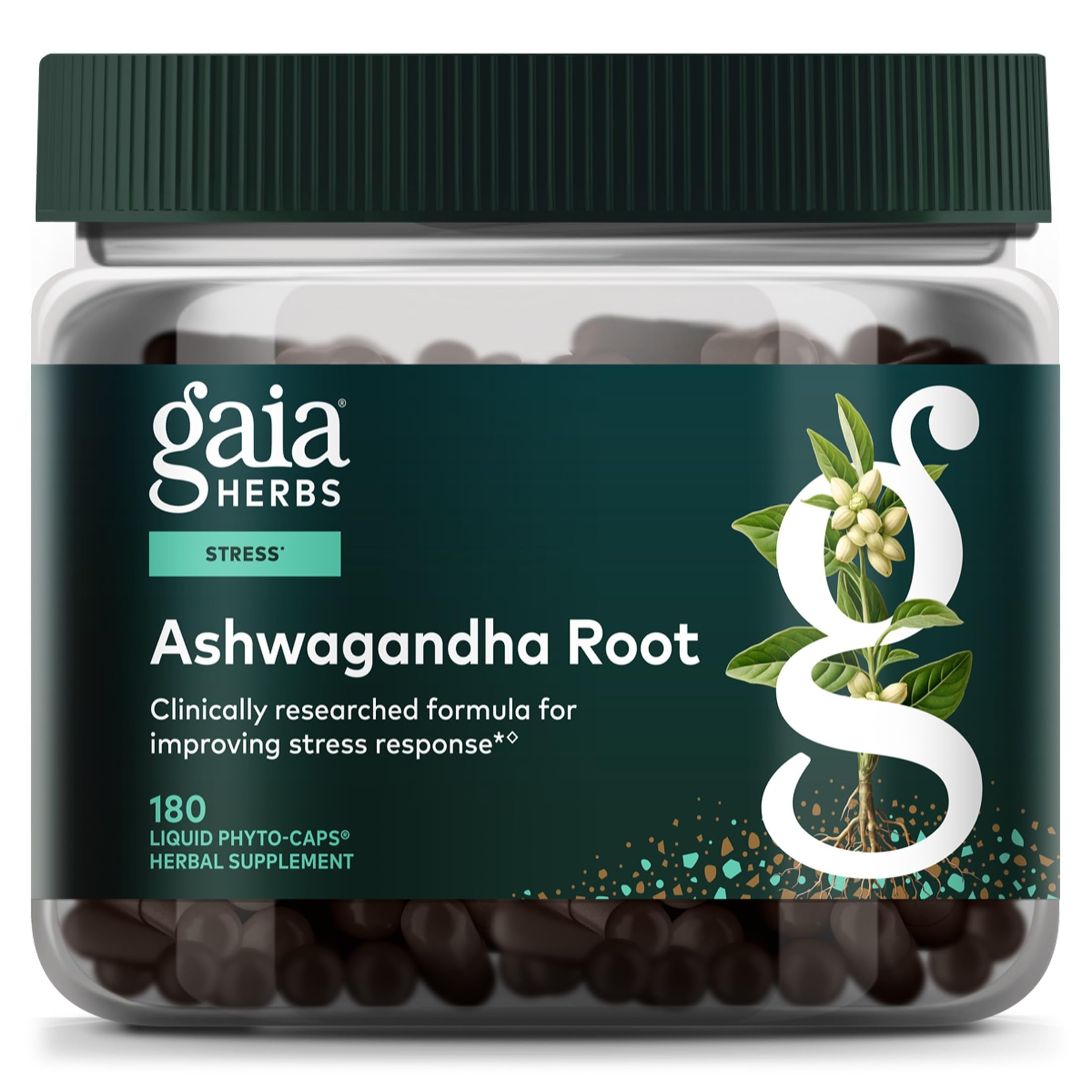 Gaia Herbs frasco frontal mostrando el envase y beneficio de pureza