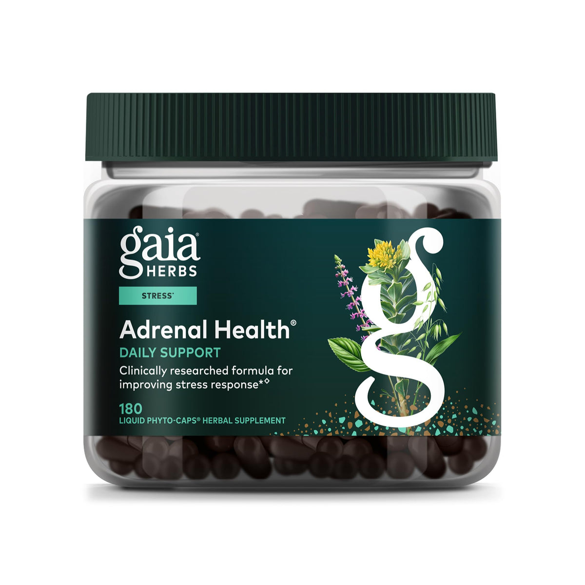 Gaia Herbs frasco frontal mostrando 180 cápsulas y etiqueta clara para confianza