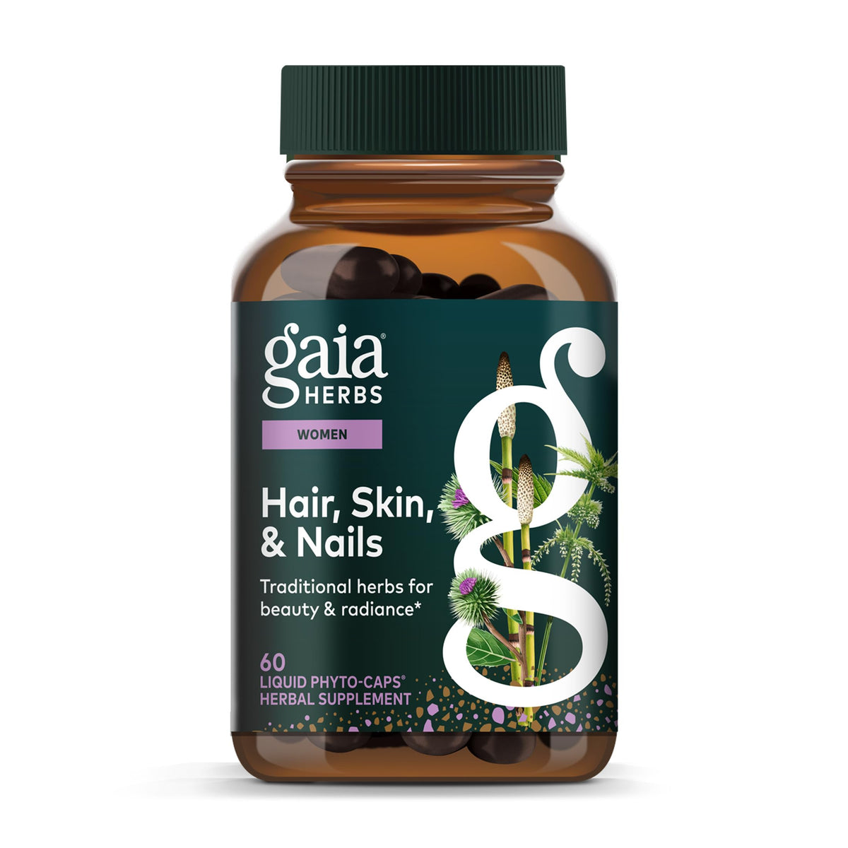 Gaia Herbs frasco principal mostrando cápsulas veganas y ventaja de pureza