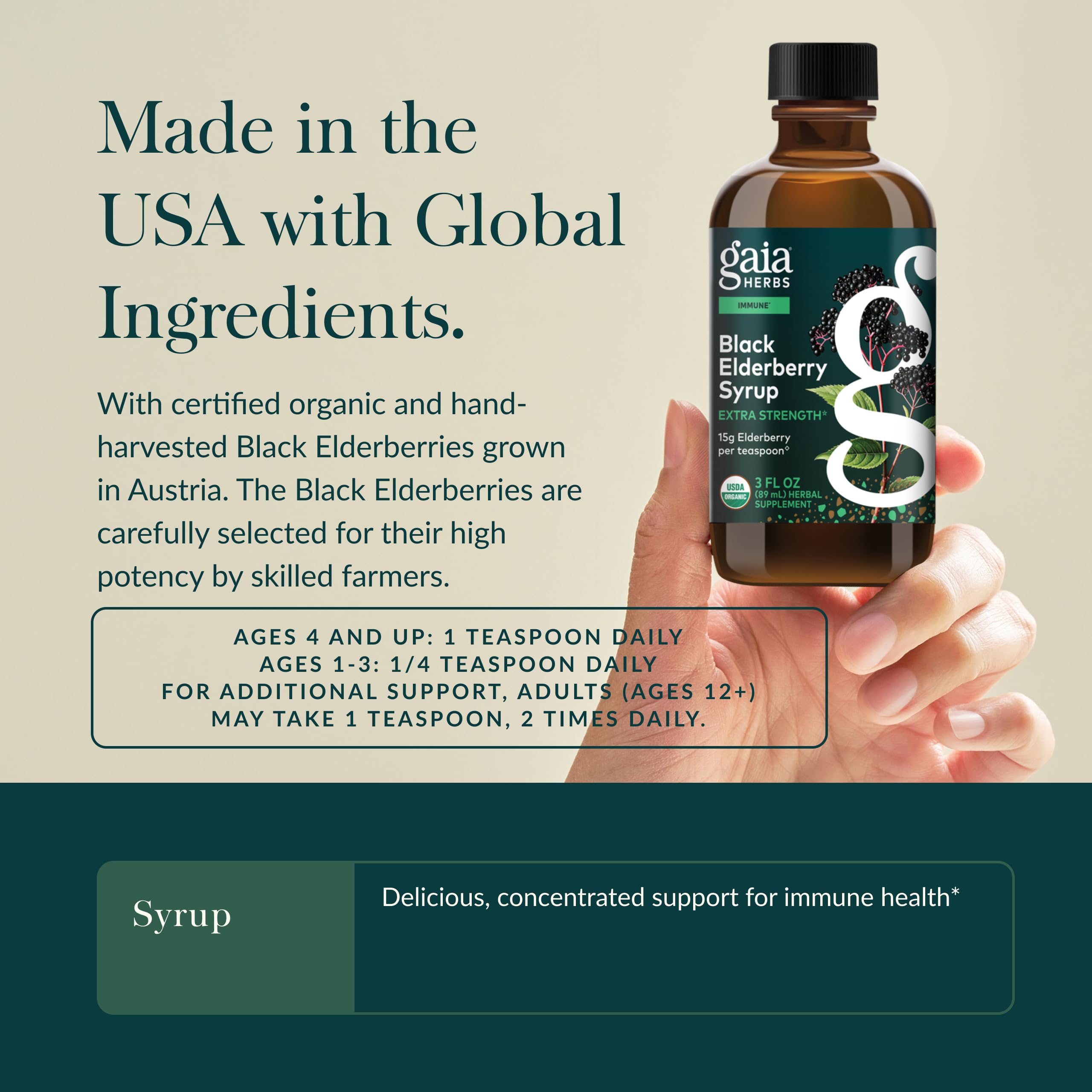 Gaia Herbs frasco junto a regla para comparar tamaño, práctico y portátil