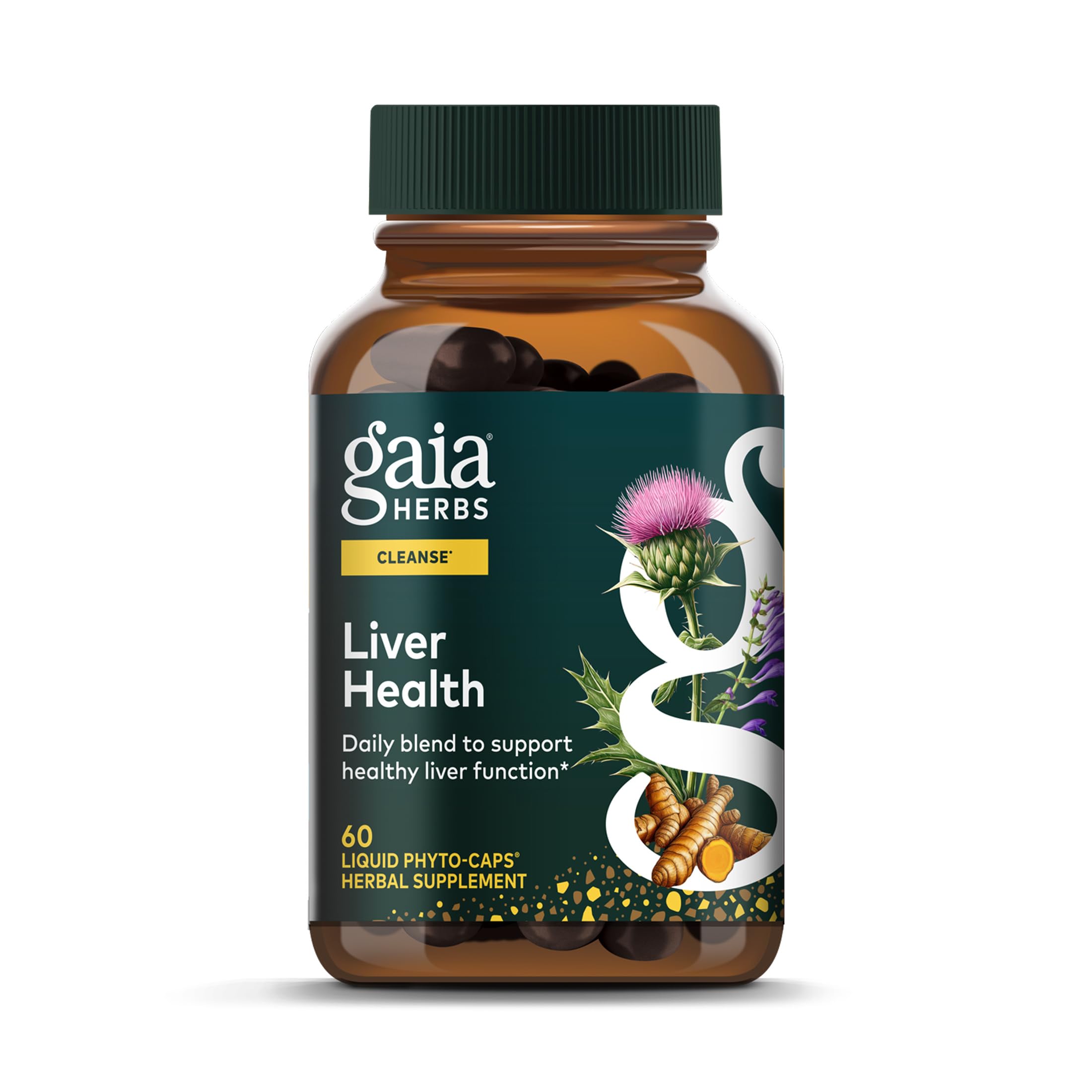 Gaia Herbs vista frontal del envase mostrando la marca y beneficios