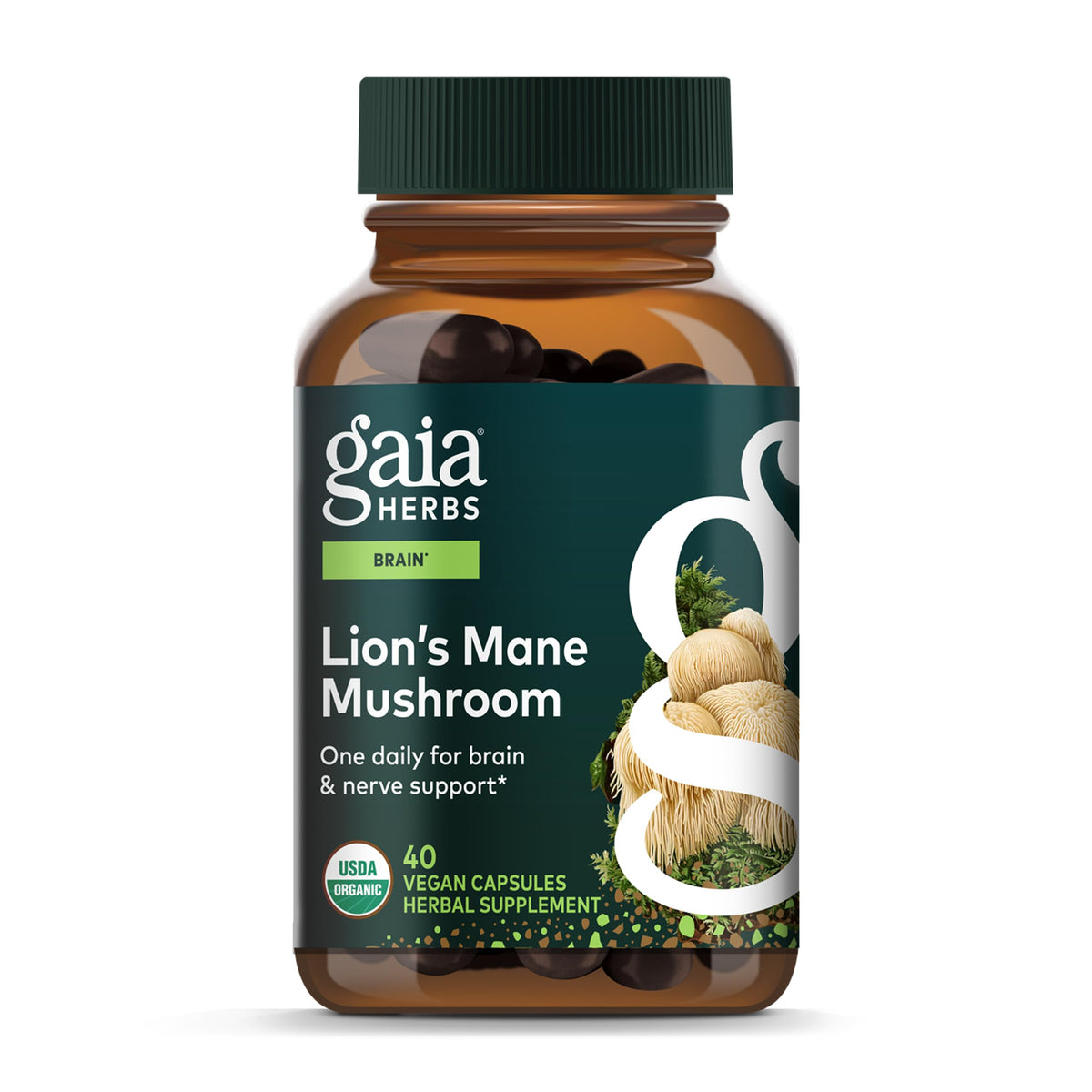 Gaia Herbs envase frontal mostrando el producto y beneficios orgánicos
