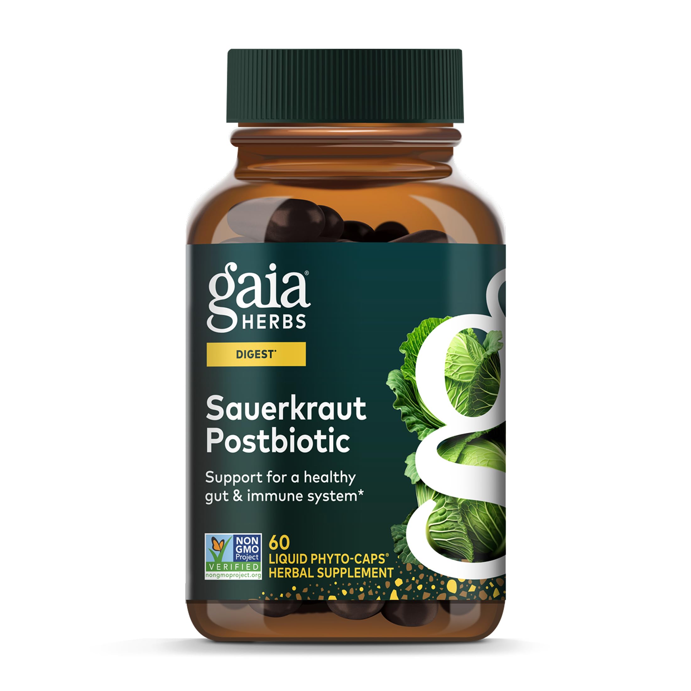 Gaia Herbs frente del envase mostrando nombre y formato vegano