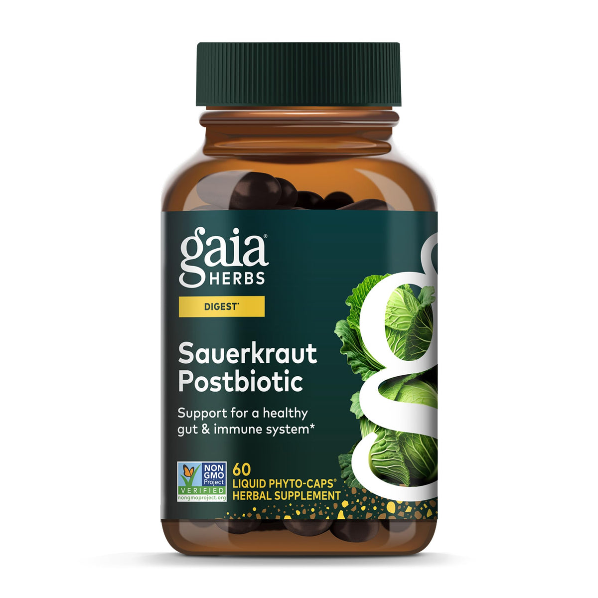 Gaia Herbs frente del envase mostrando nombre y formato vegano