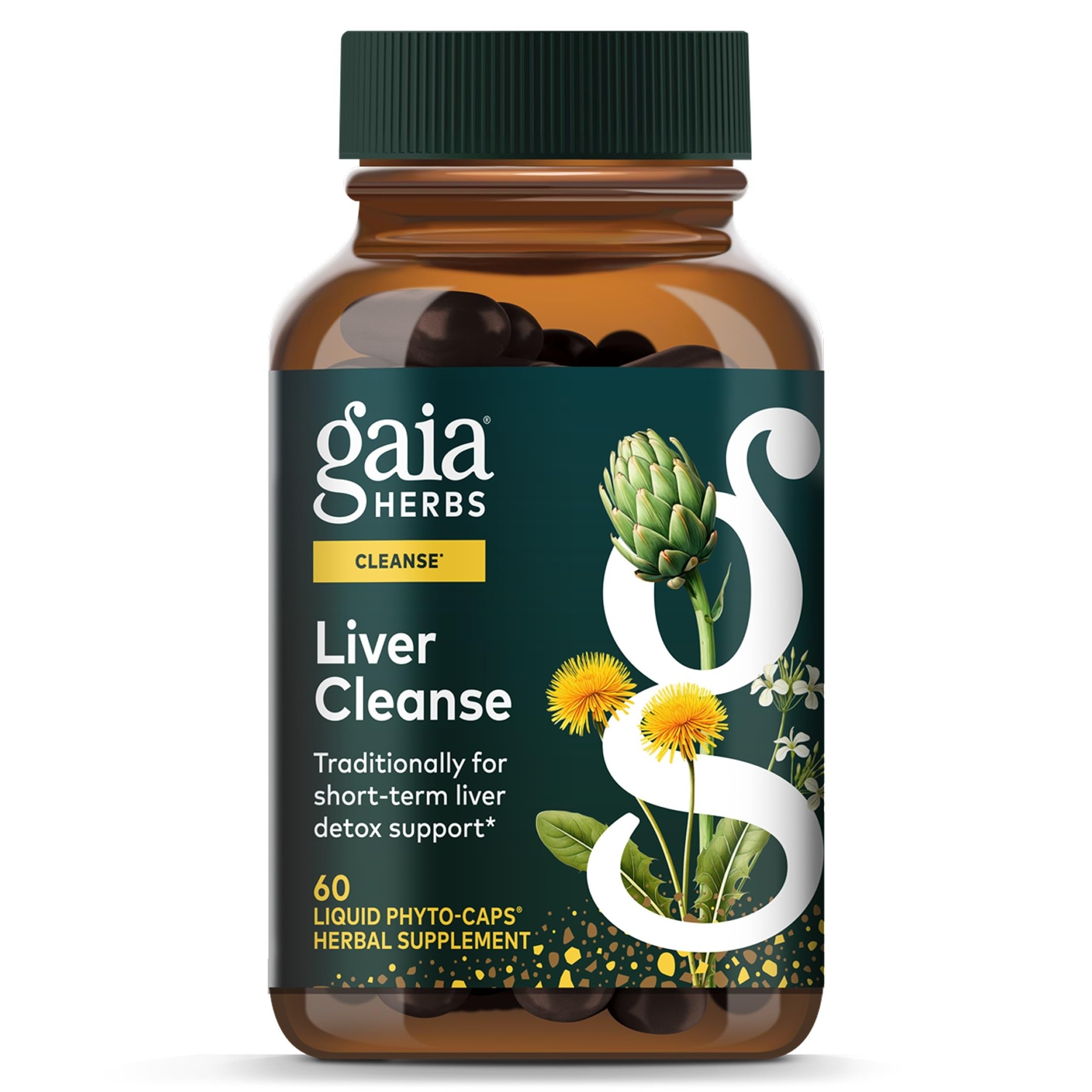 Gaia Herbs frente del paquete mostrando diseño y cantidad útil