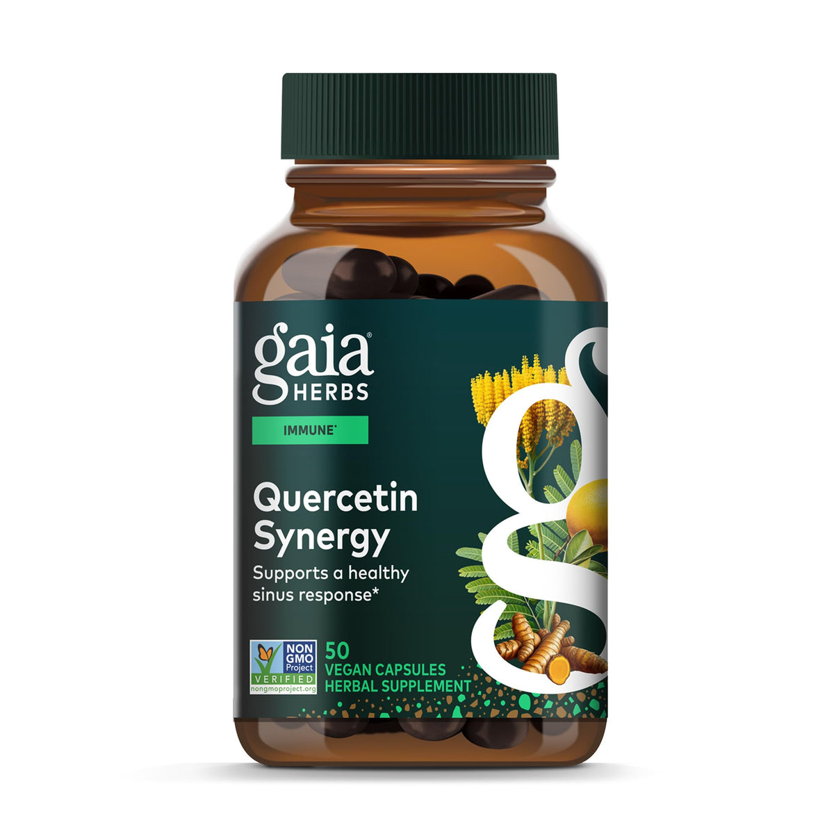 Gaia Herbs envase frontal mostrando la etiqueta y beneficios identificables