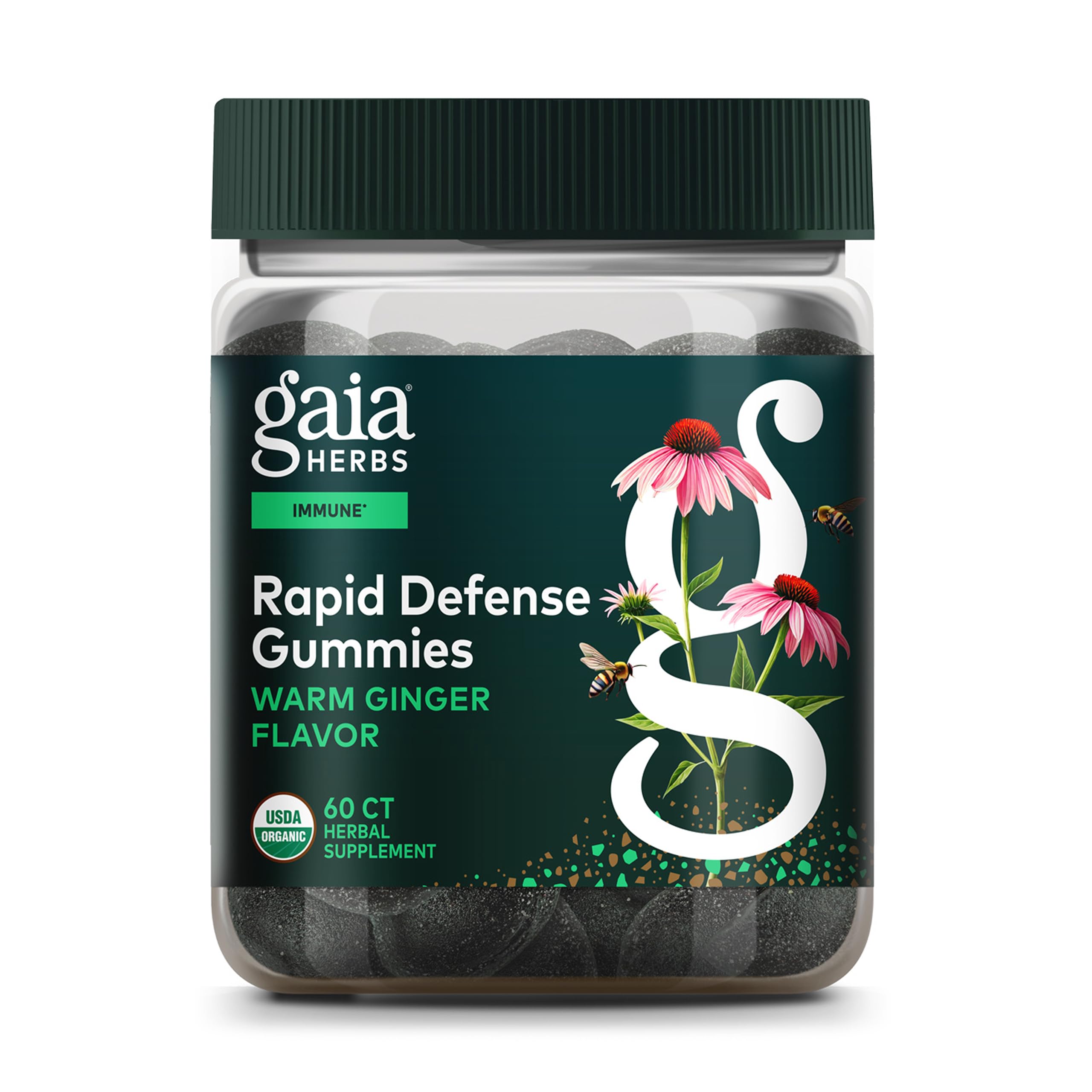 Gaia Herbs frente del envase de Rapid Defense Gummies mostrando formato práctico