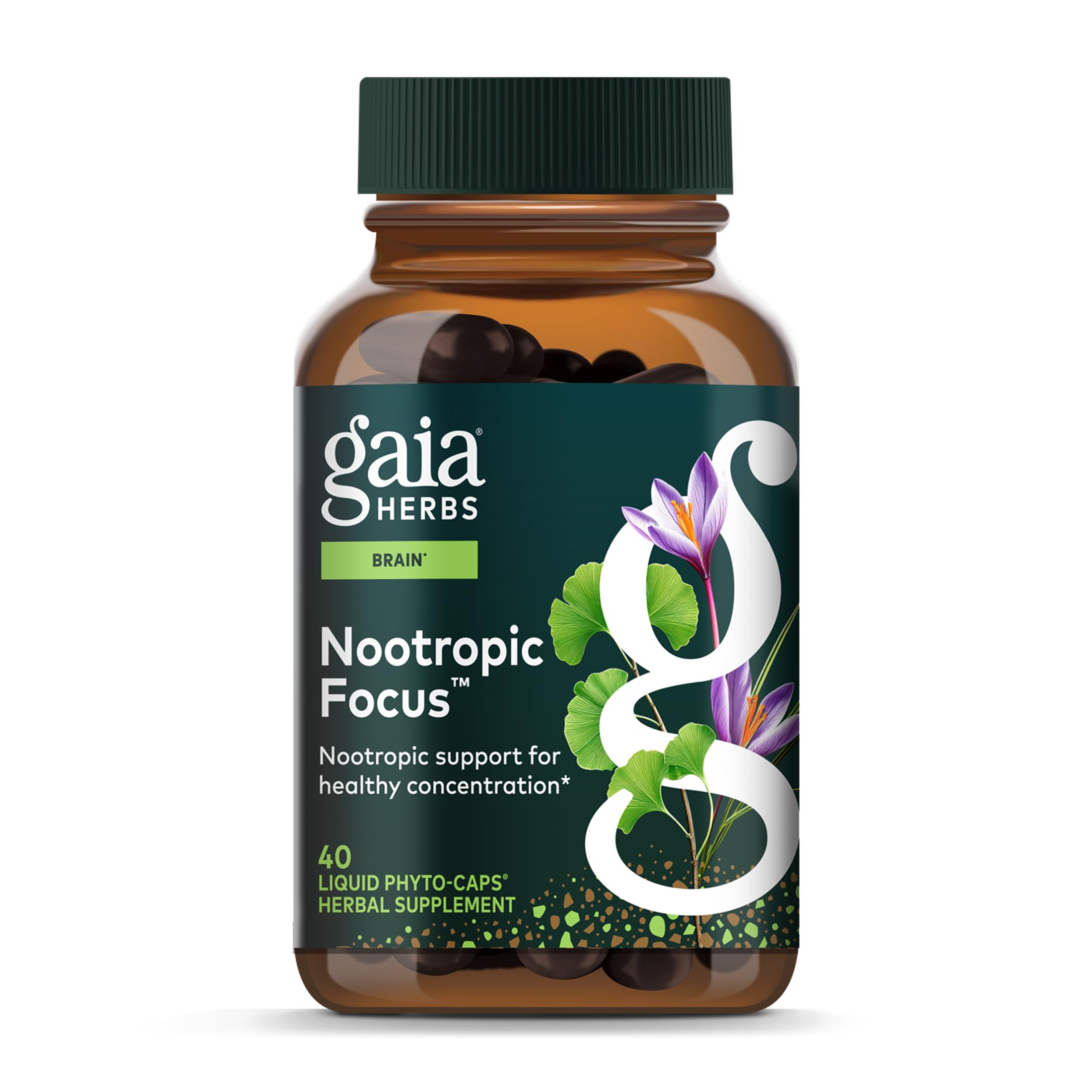 Gaia Herbs vista frontal del envase que facilita identificación y confianza