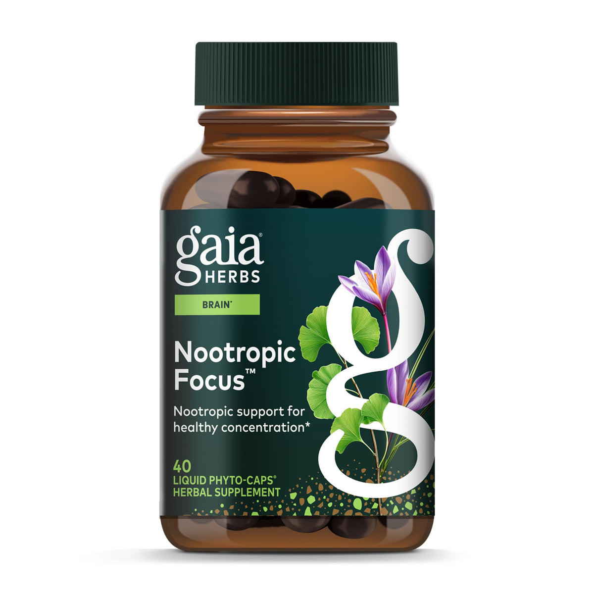 Gaia Herbs vista frontal del envase que facilita identificación y confianza