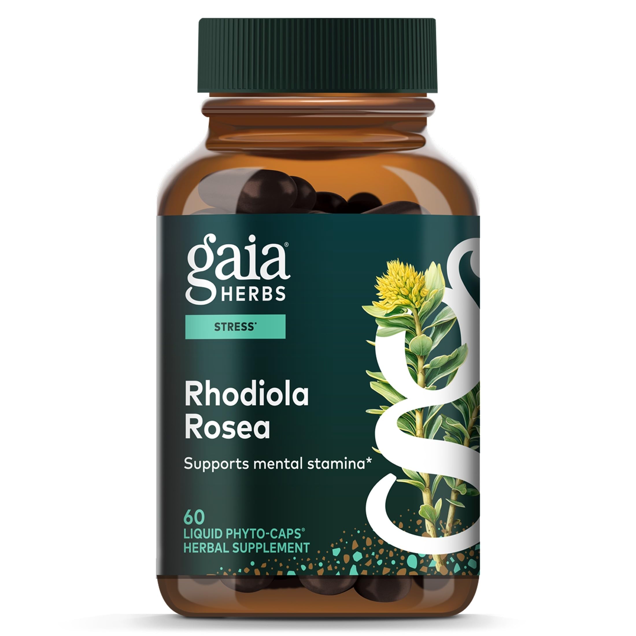 Gaia Herbs botella frontal mostrando Rhodiola para confianza y trazabilidad