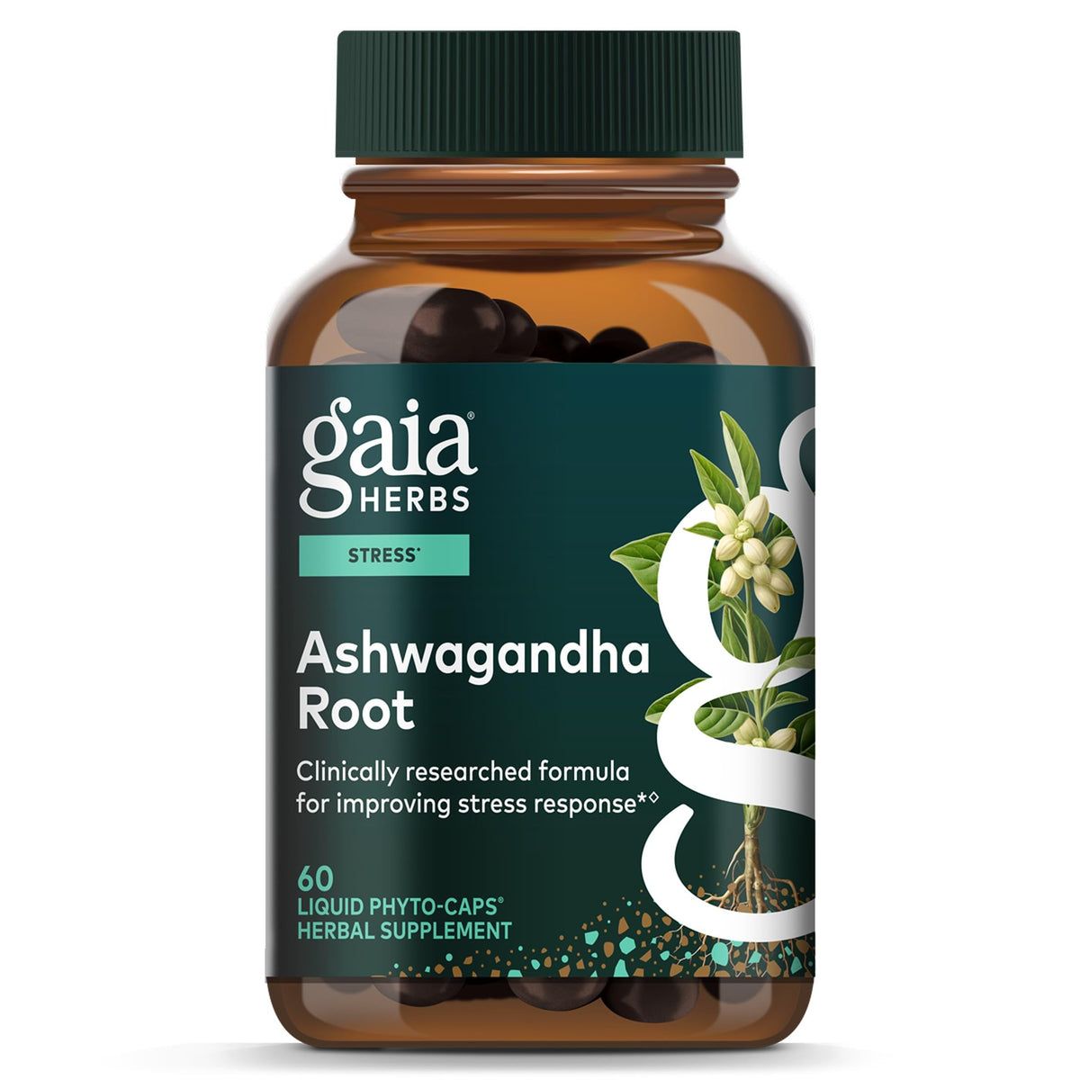 Gaia Herbs vista frontal del envase mostrando información clara y beneficios