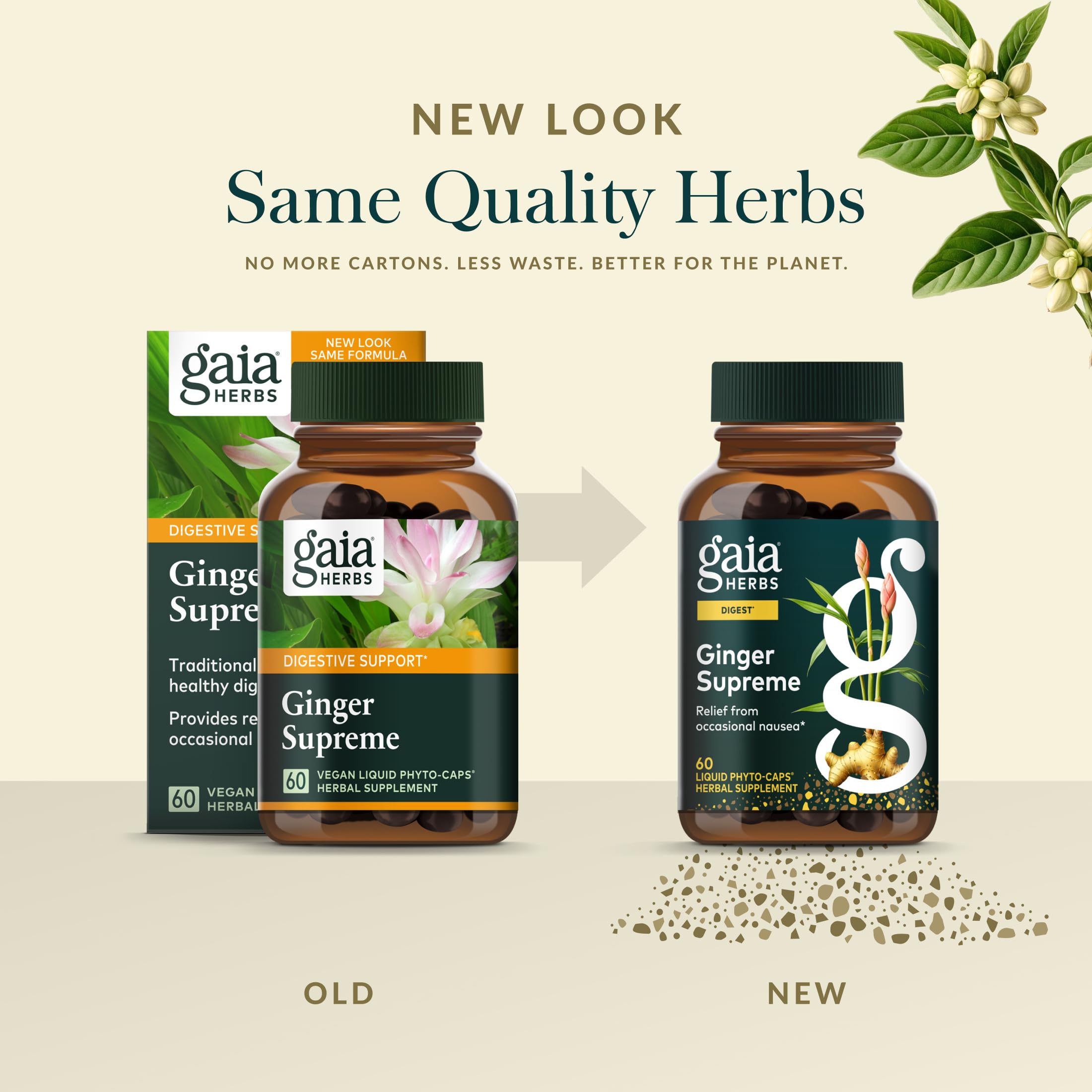 Gaia Herbs envase en mano indicando tamaño real y facilidad de transporte