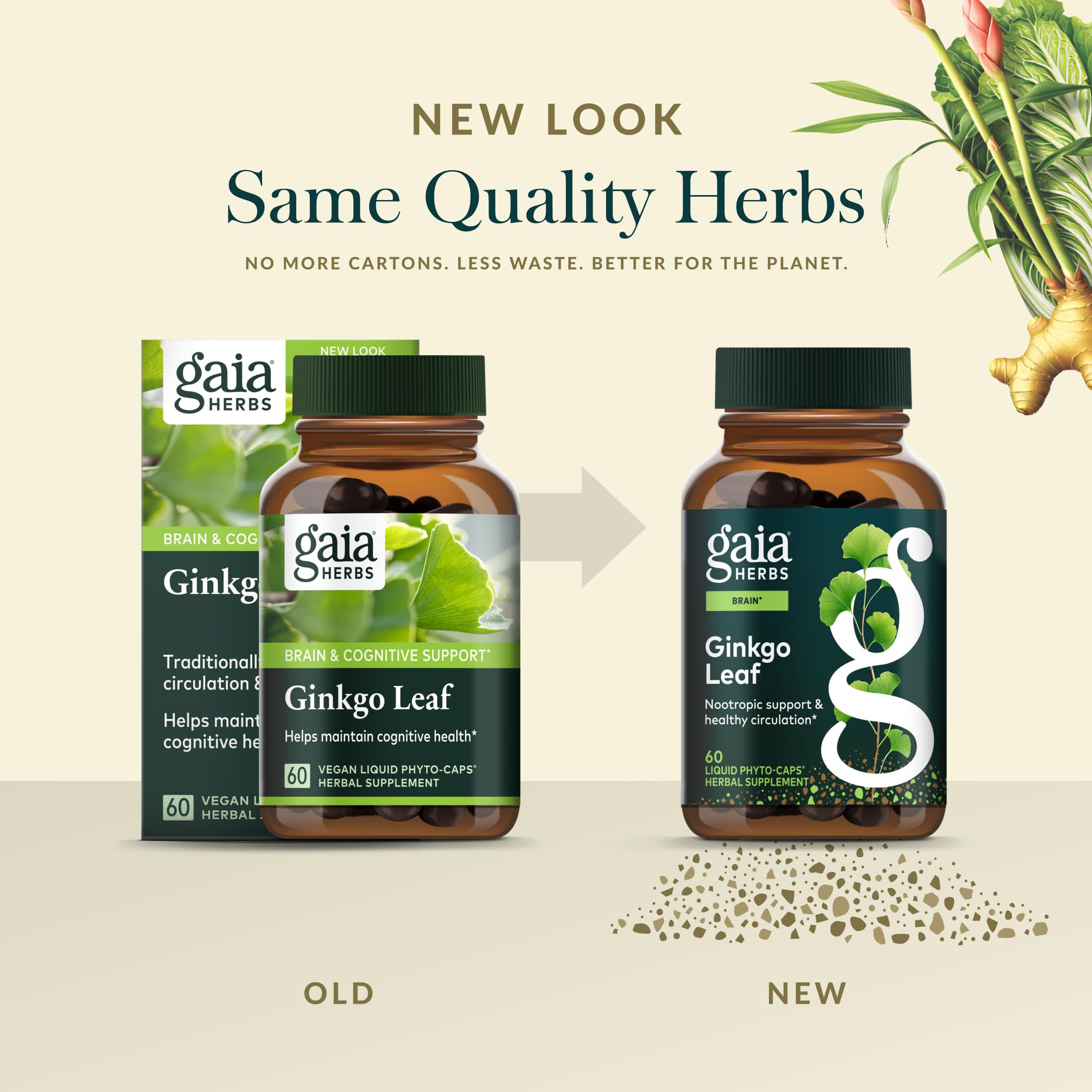 Gaia Herbs botella junto a objetos para comparar tamaño porciones