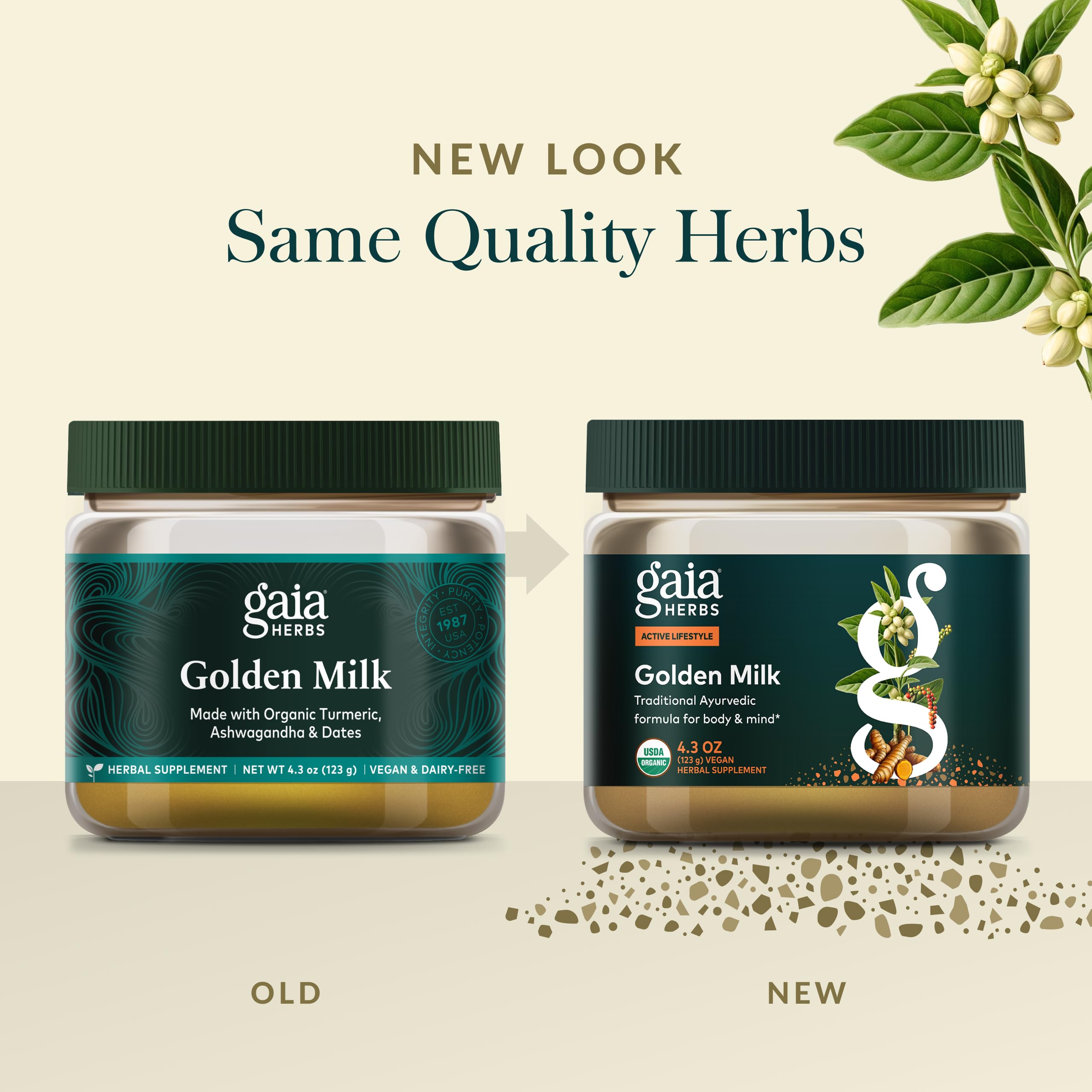Gaia Herbs envase junto a una mano para comparar escala