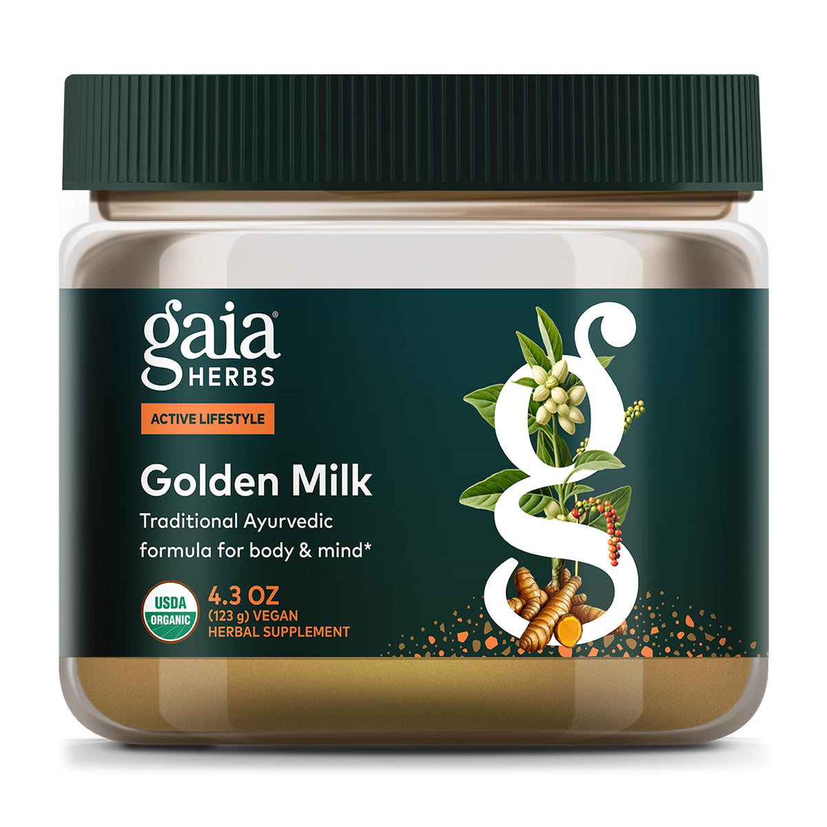 Gaia Herbs frente del envase mostrando etiqueta y tamaño claro