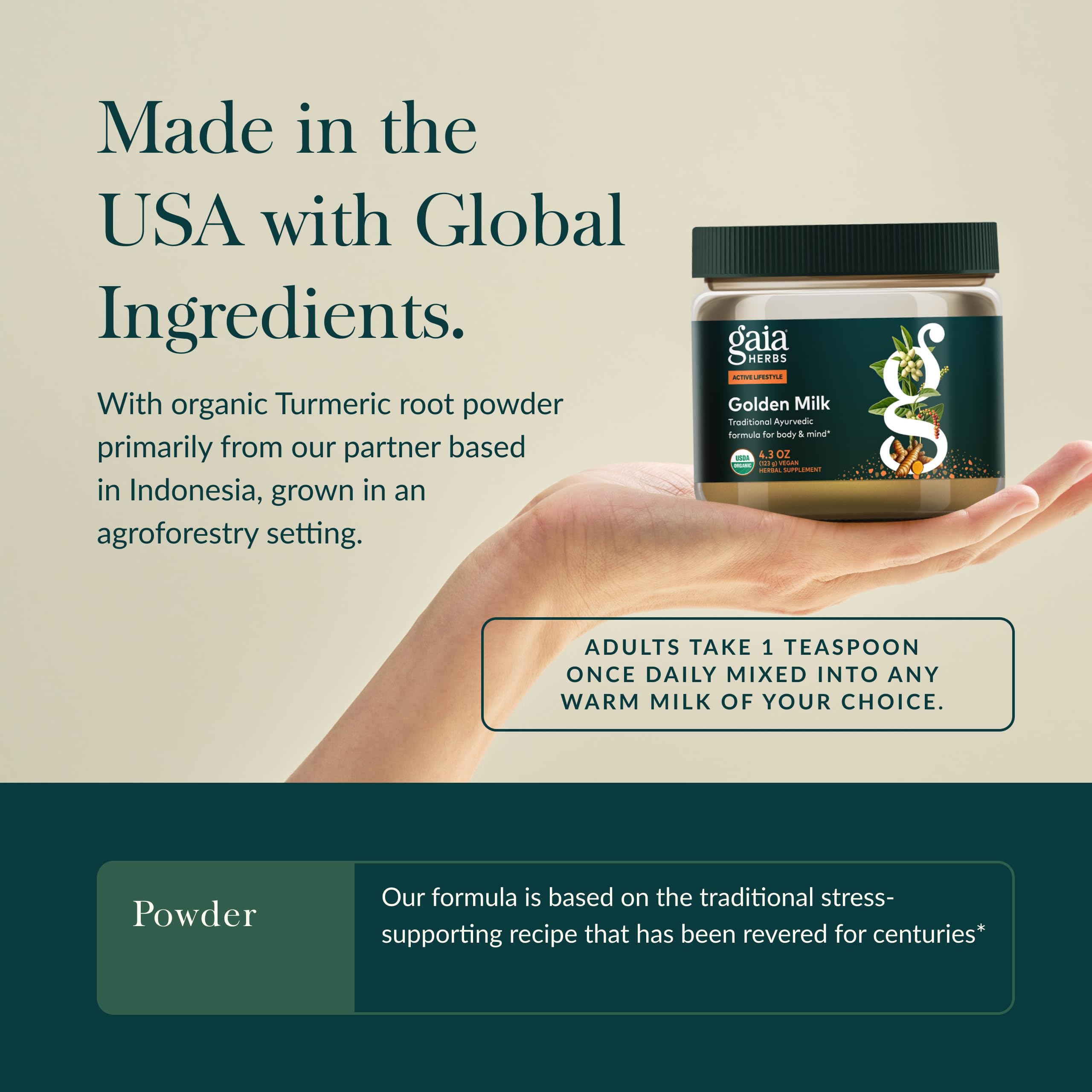 Gaia Herbs disposición de cúrcuma, ashwagandha y cardamomo orgánicos